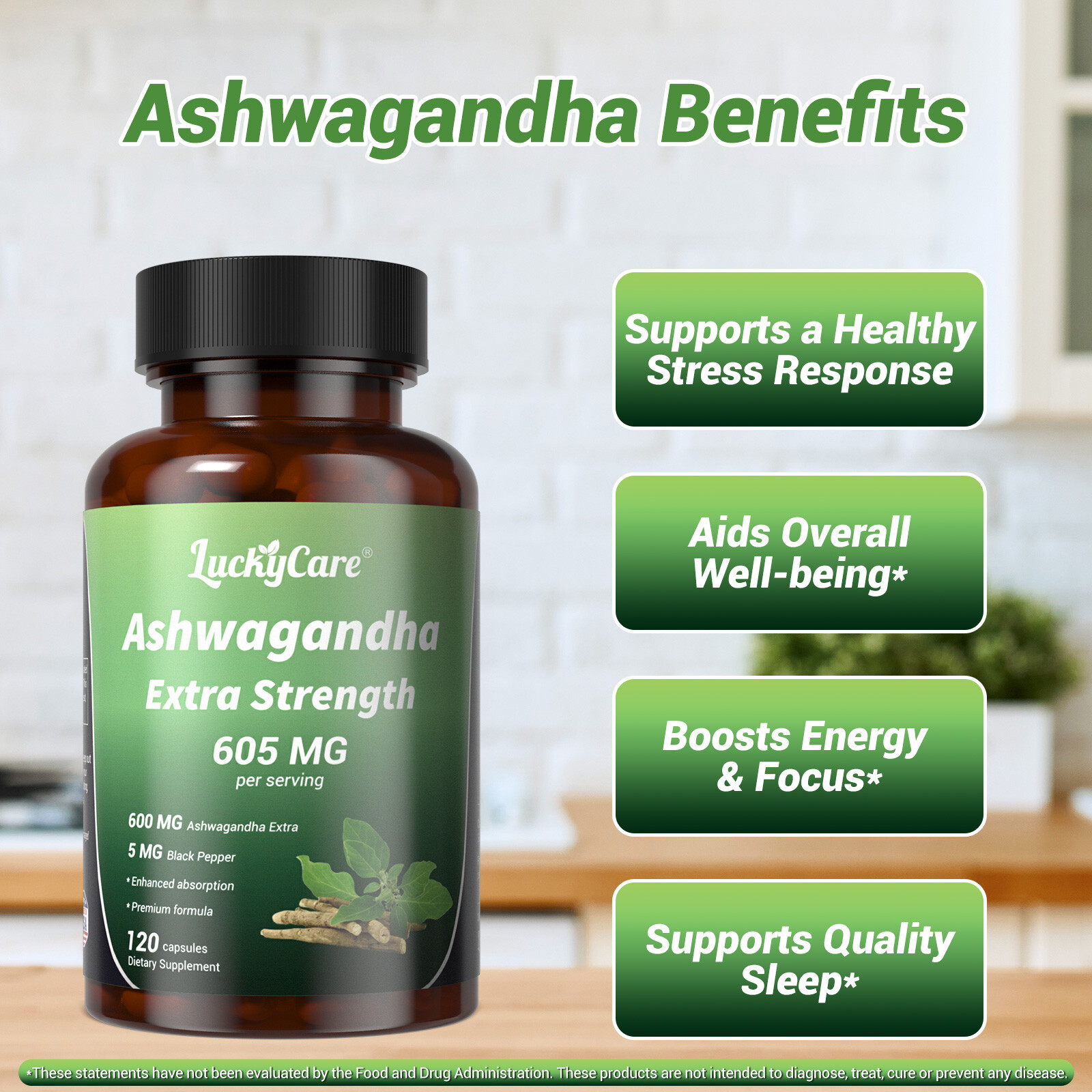 Organic Ashwagandha Capsules 605MG with Black Pepper Root Powder 120 Capsules