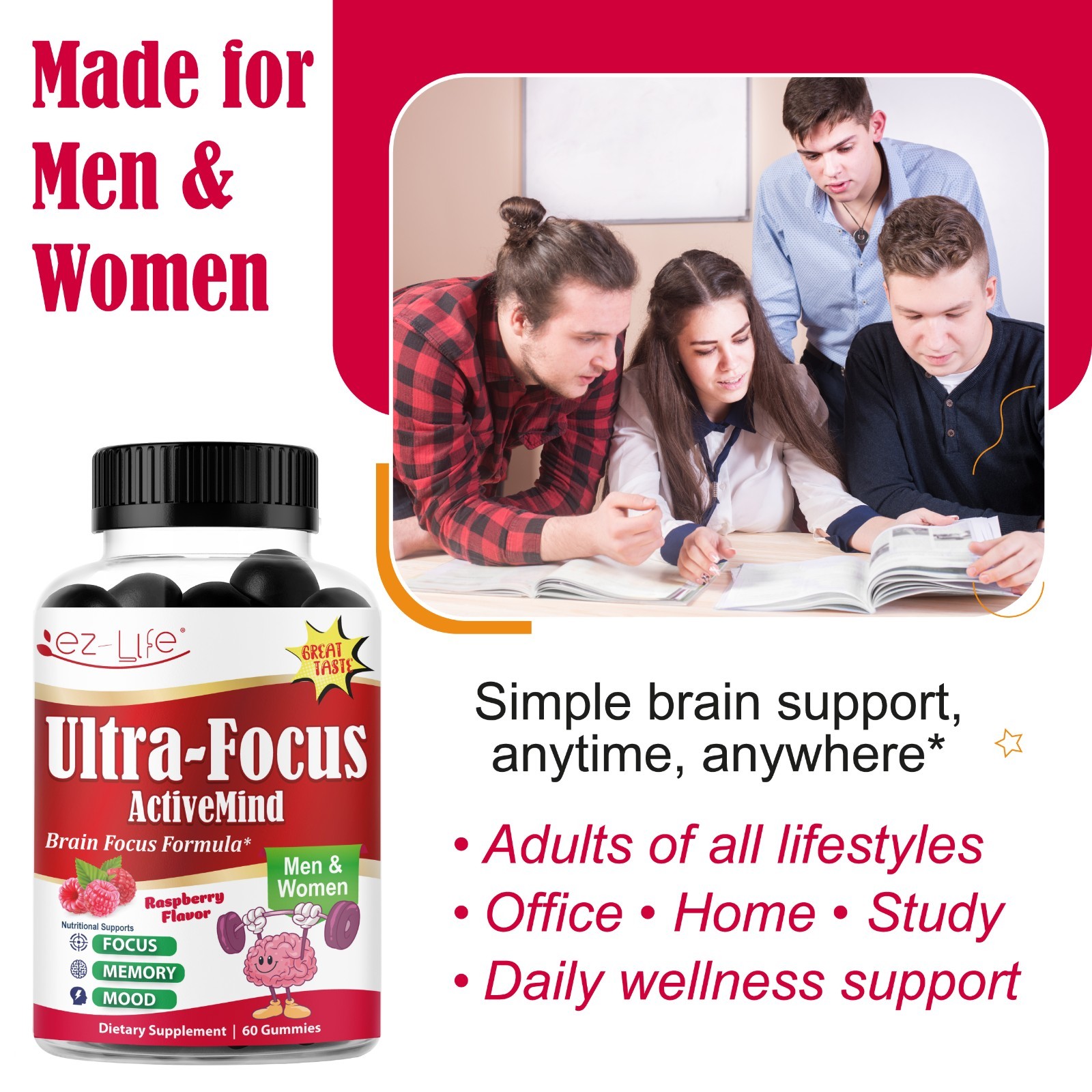 Brain Memory and Focus Supplement for Adults with Functional Mushroom- 60 Gummy