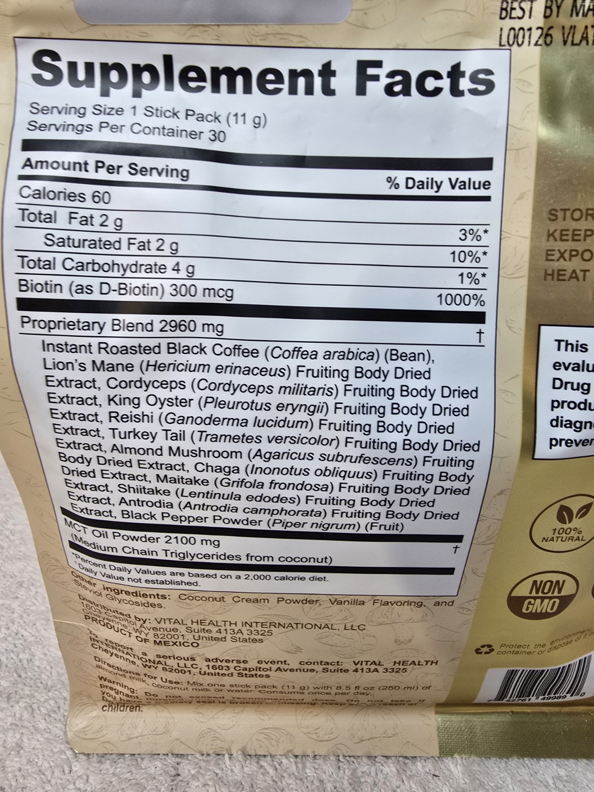 VitalHealth LatteKafe Vanilla Coffee Mushroom Supplement Powder 11.6 oz (330g)