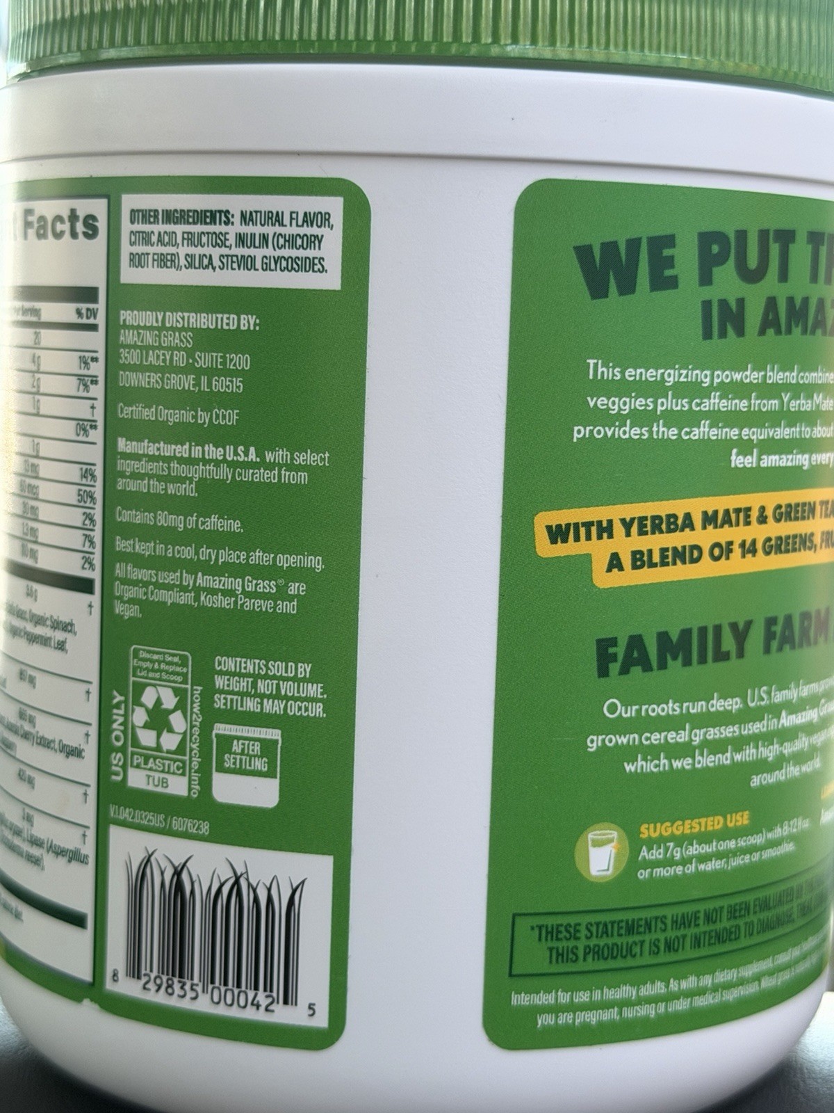 Amazing Grass Super Greens Energy Lemon Lime Powder 7.4 oz Plant-Based Caffeine