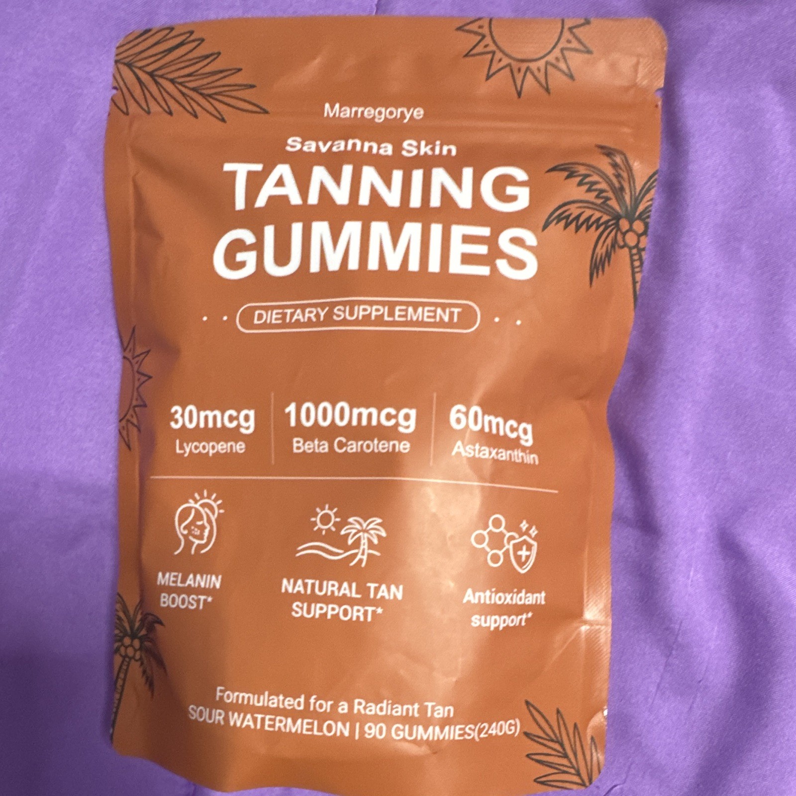 Marregorye Savanna Skin Tanning Gummies Sour Watermelon 90 Count Antioxidant