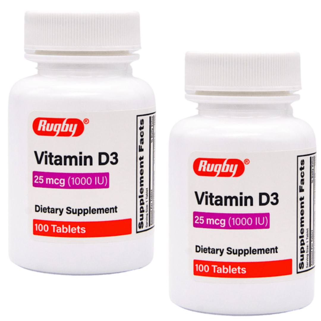 Rugby Vitamin D3 25 mcg (1000 IU) – 100 Tablets | Gluten Free (4-2026) – 2 Pack