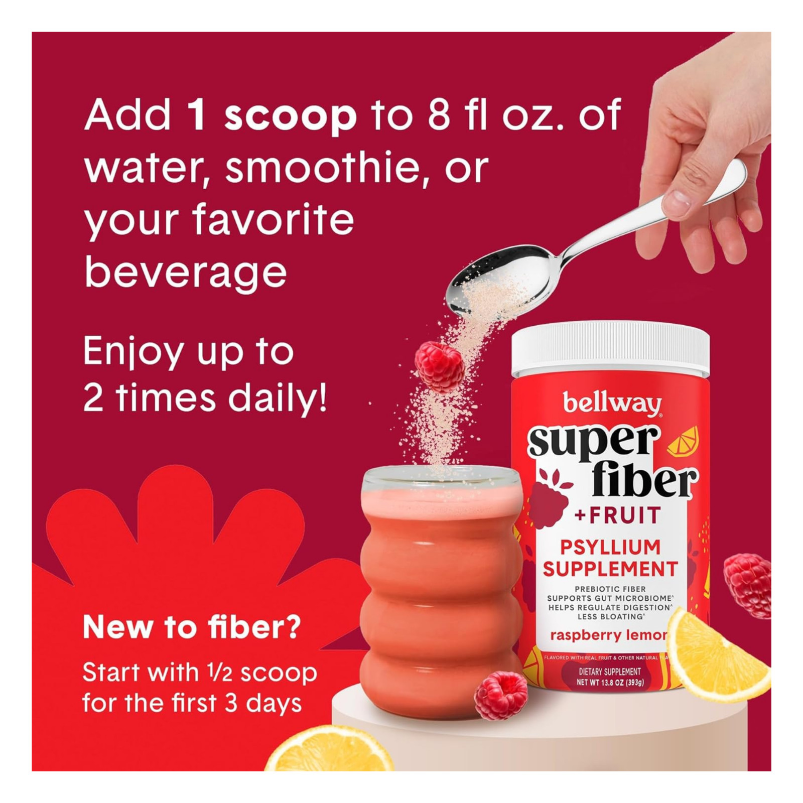 Bellway Super Fiber + Fruit Psyllium Husk Raspberry Lemon 36oz 18 x2