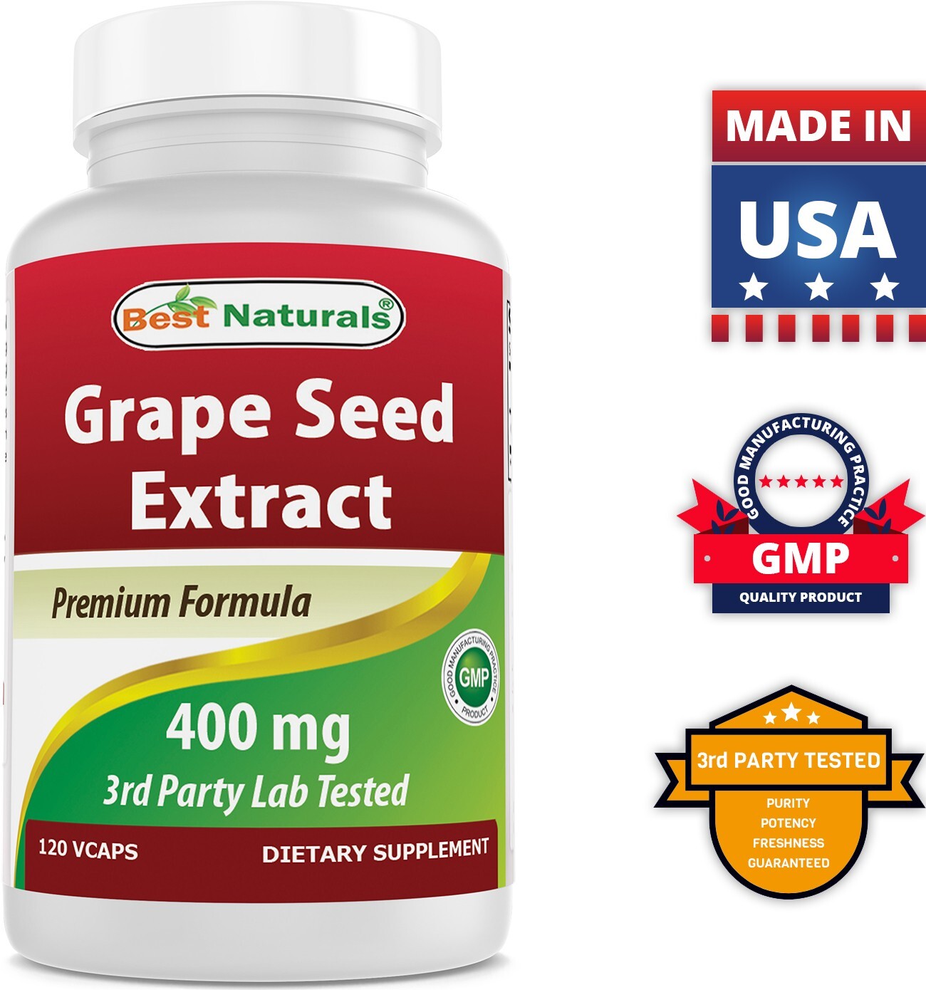 3 Pack Best Naturals Grape Seed Extract 400 mg Veggie Capsule, 120 Count