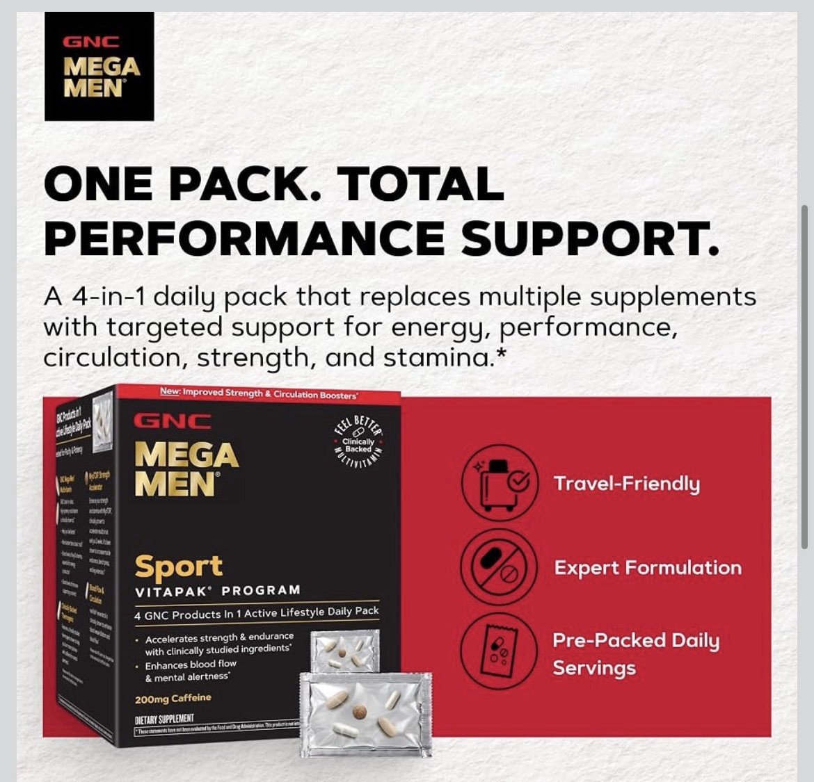 GNC Mega Men Sport Vitapak Multivitamin 200mg Caffeine Daily Packs Travel