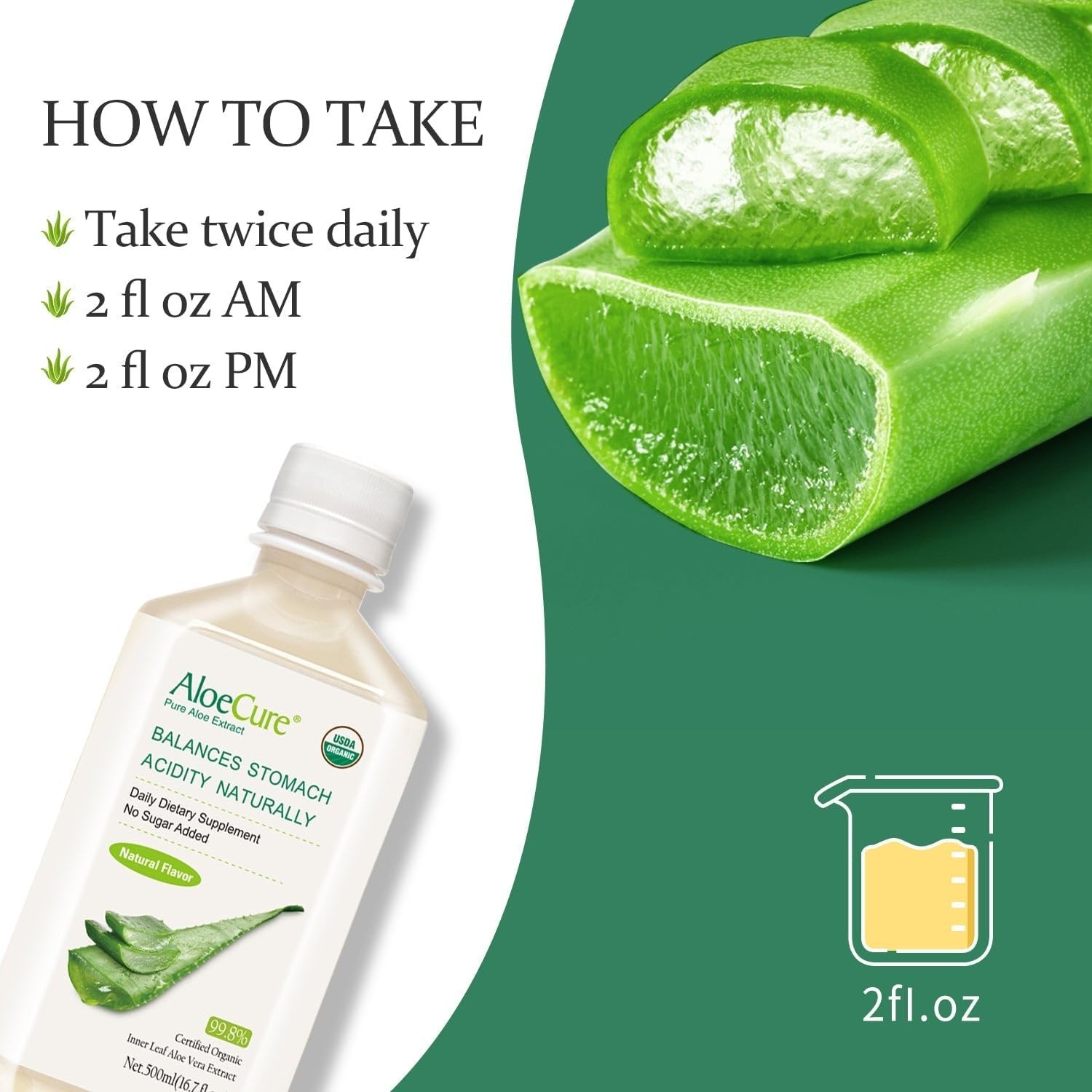 AloeCure Pure Aloe Vera Juice Supplement 99.8% Organic Inner Leaf Natural Flavor