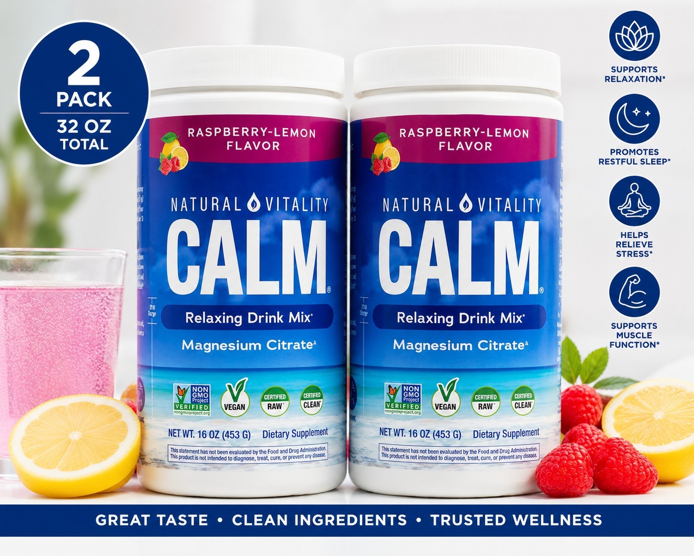 Natural Vitality CALM Magnesium Citrate Powder 32oz 2Pk Raspberry Lemon