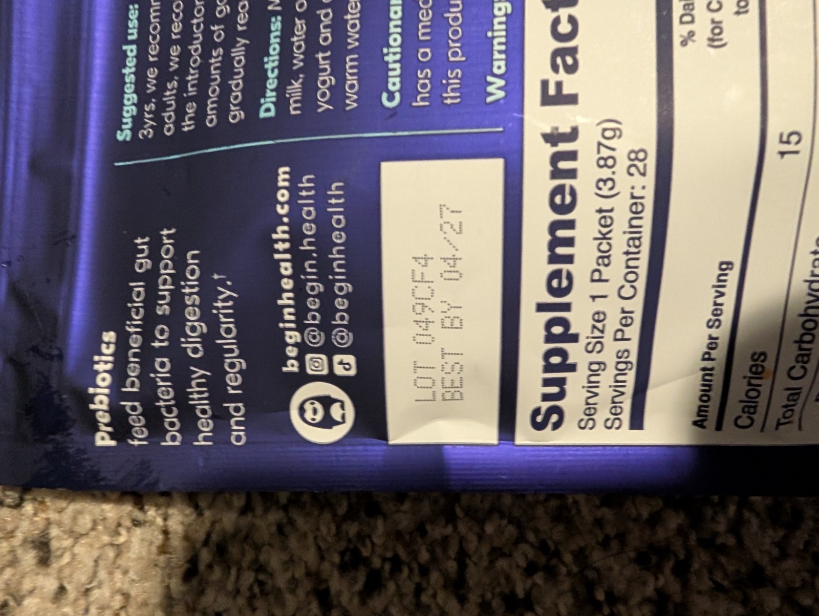 Begin Health Growing Up Prebiotic Unflavored 3 packs of 28+ 16 read description