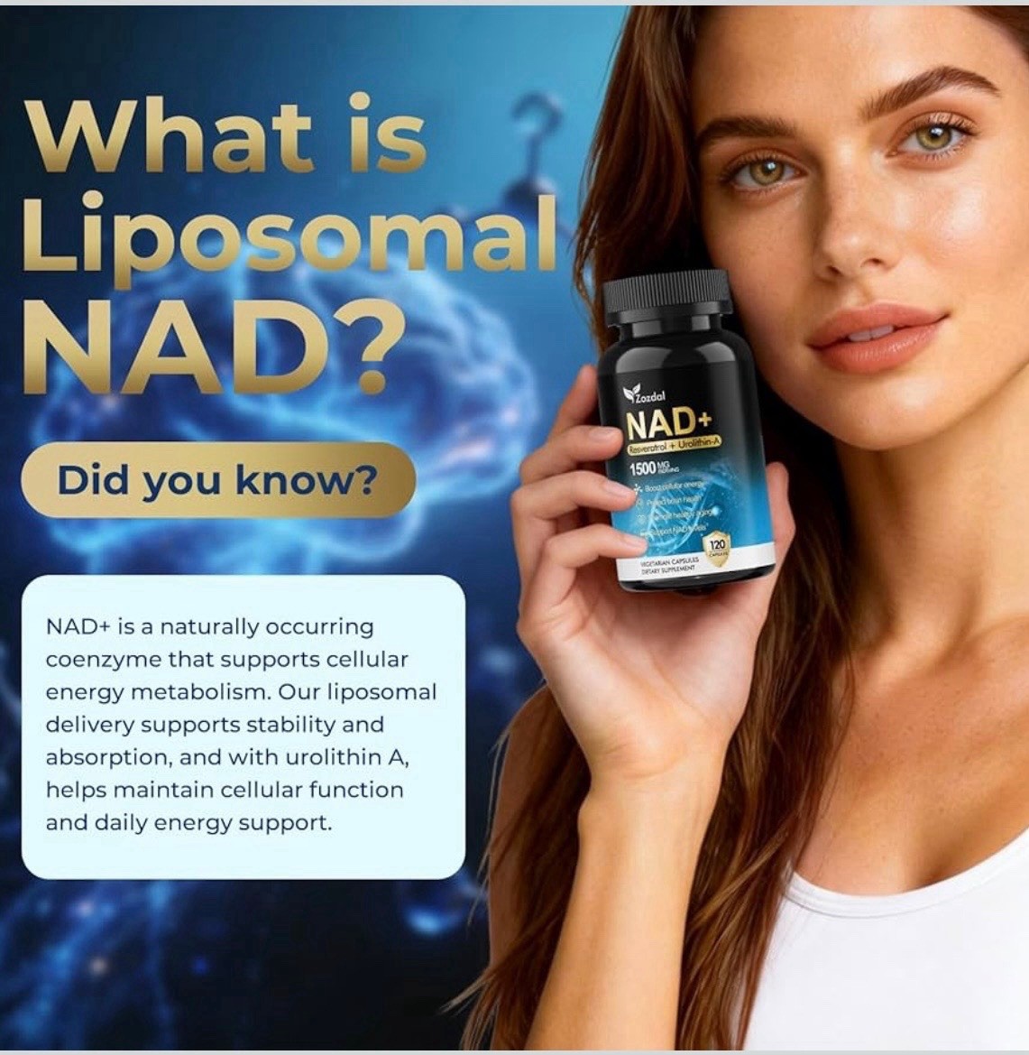 Zozdal NAD+ Supplement 1500mg – 7-in-1 Liposomal 120 Count (Pack of 1), Blue