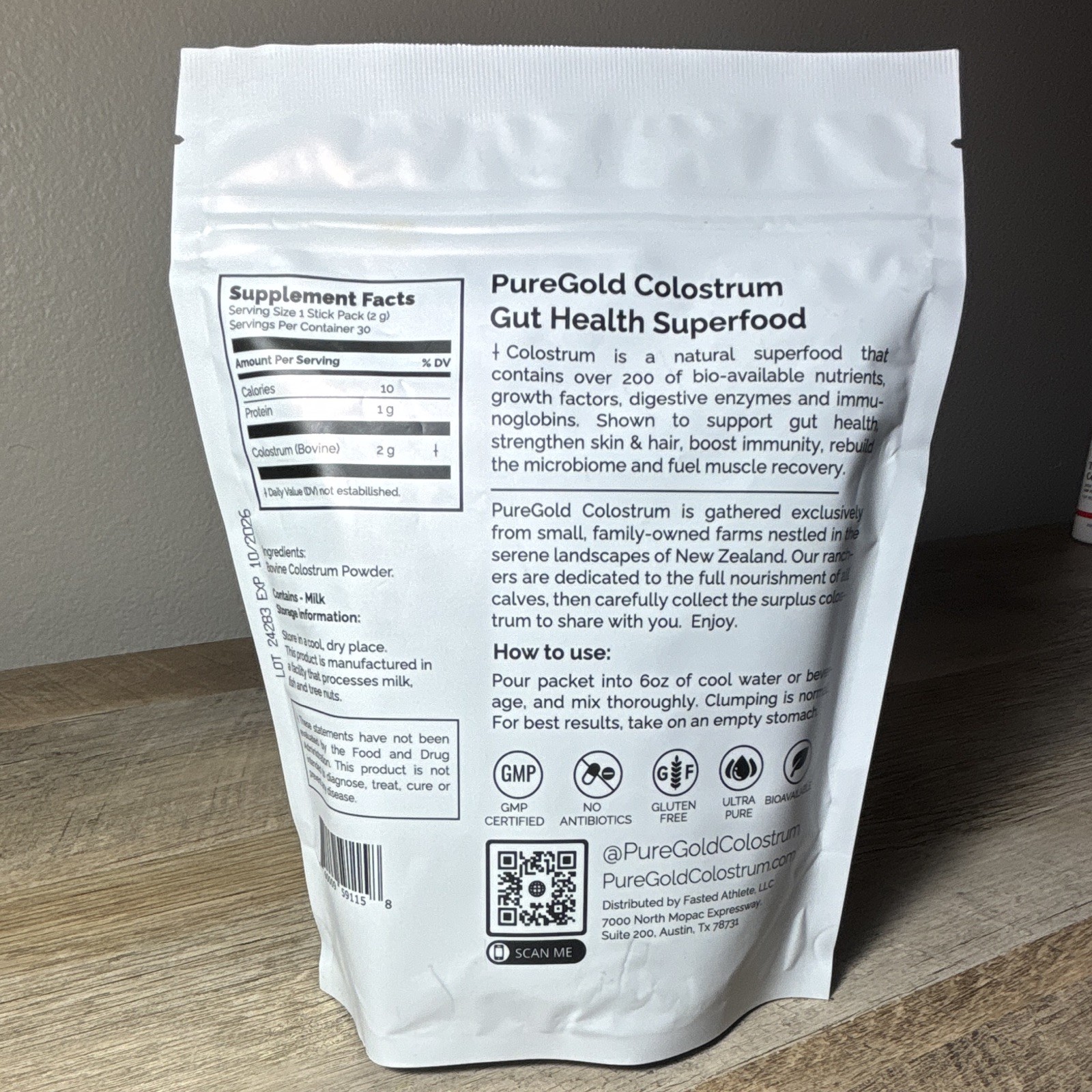 Fasted Athlete PureGold Colostrum Powder Unflavored Grass-Fed 30 Stick 2.12oz