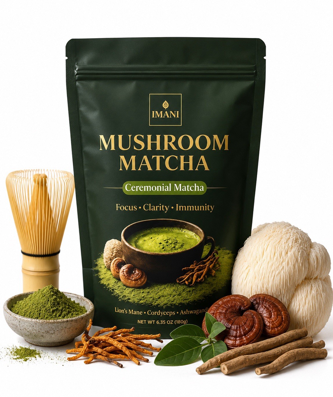 IMANI Mushroom Ceremonial Matcha Focus, Clarity & Calm Energy Superfood Blend