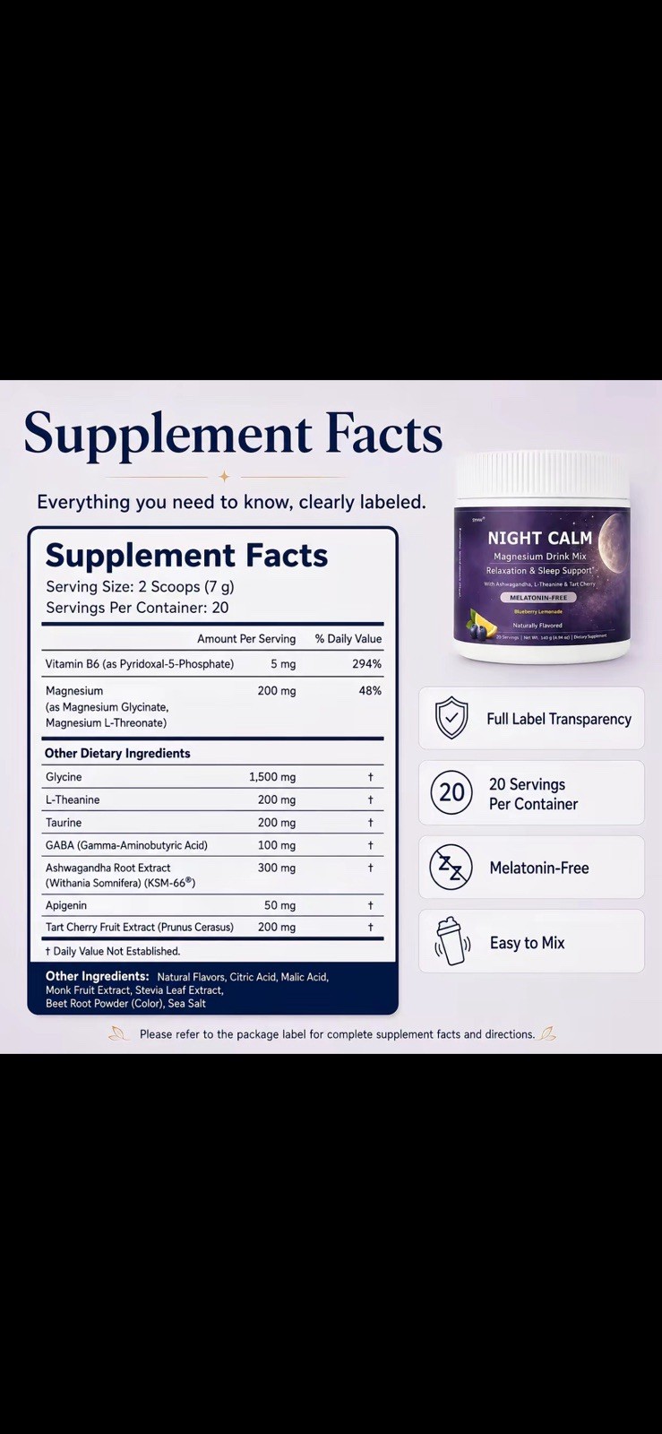 SYHW Night Calm Magnesium Drink Mix Blueberry Lemonade Melatonin-Free Vegan 140g