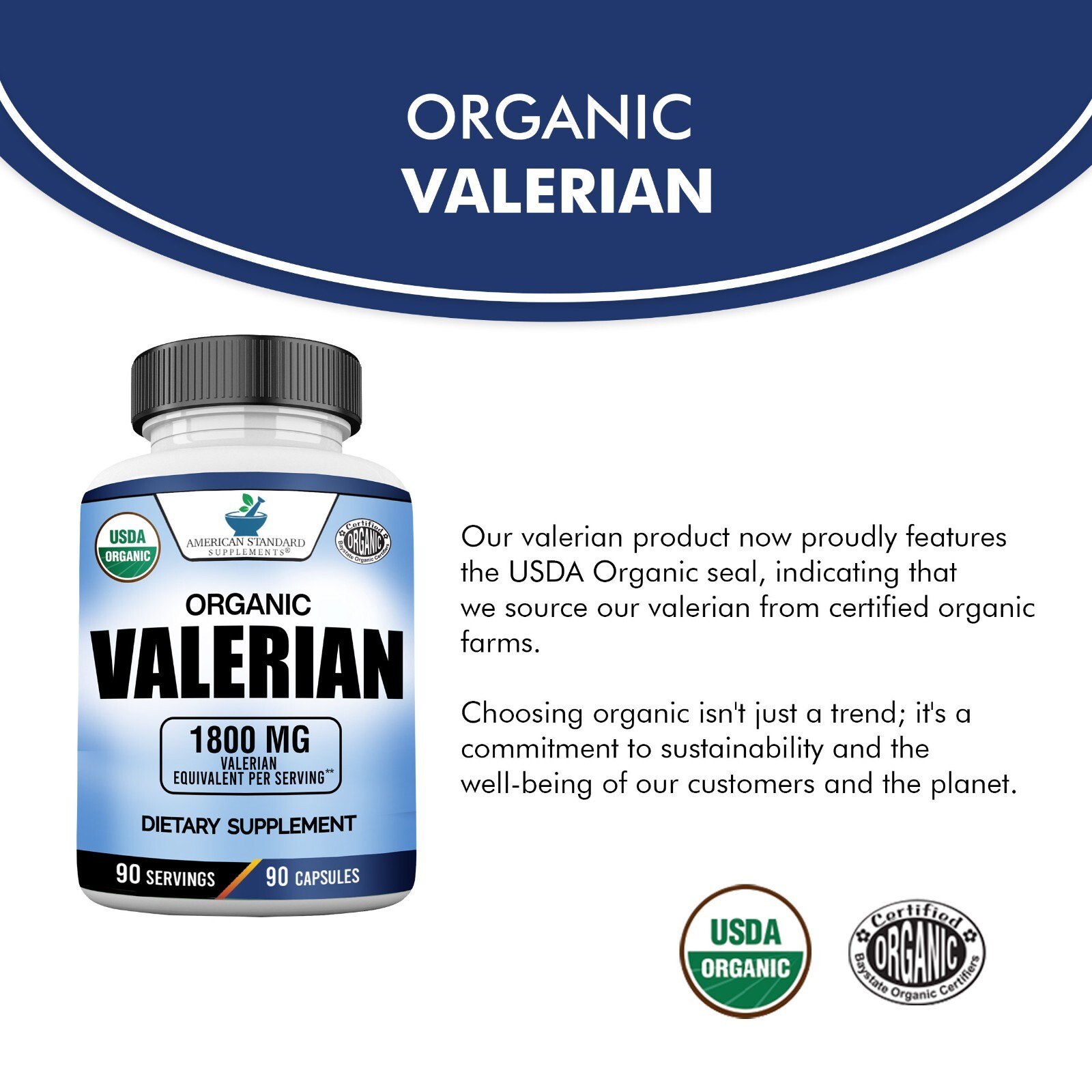 Valerian Root Capsules Organic 1800mg, Natural Sleep Aid, 90 Veggie Capsules