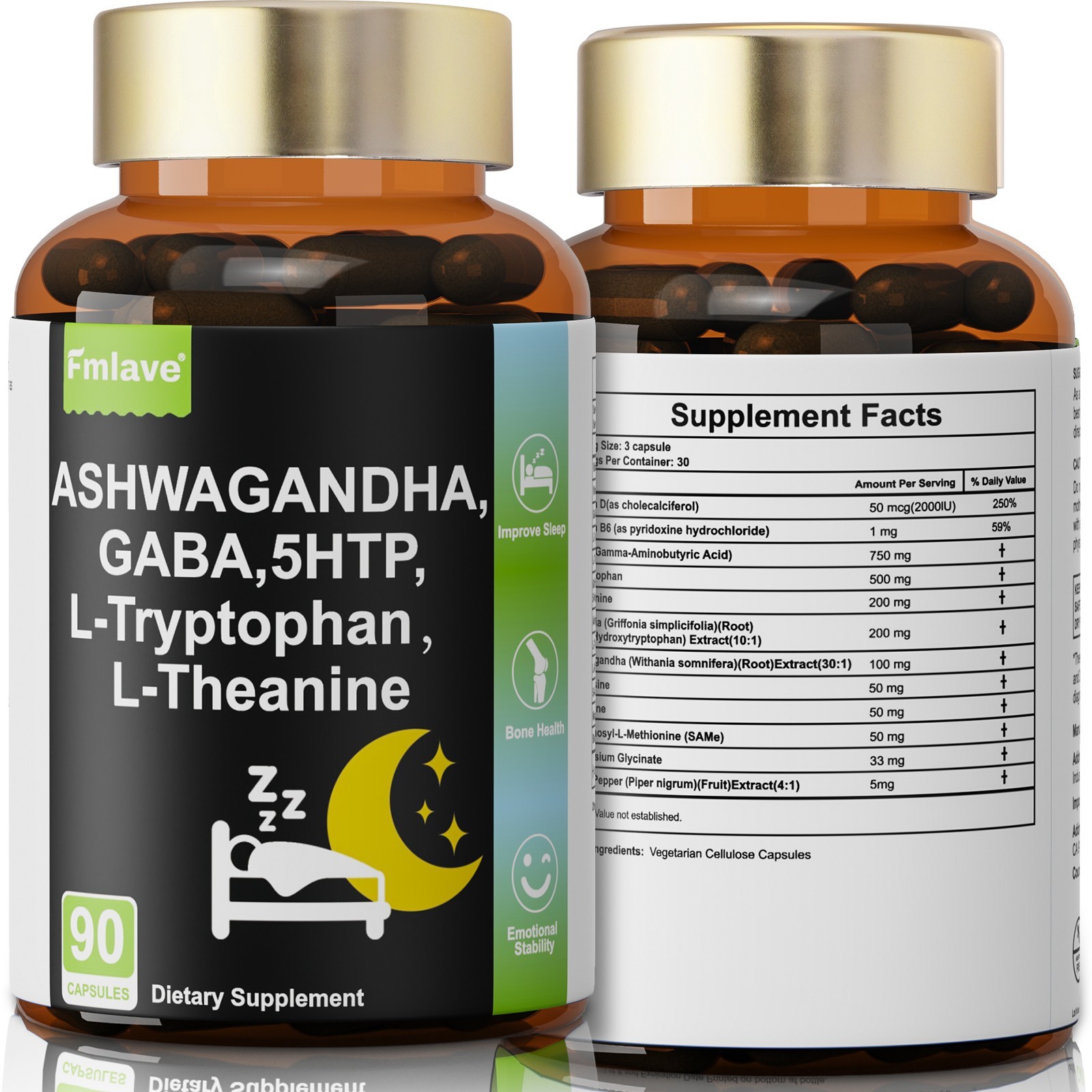 GABA 750mg 5-HTP 200mg L-Tryptophan 500mg L-Theanine 200mg Ashwagandha Sleep Aid