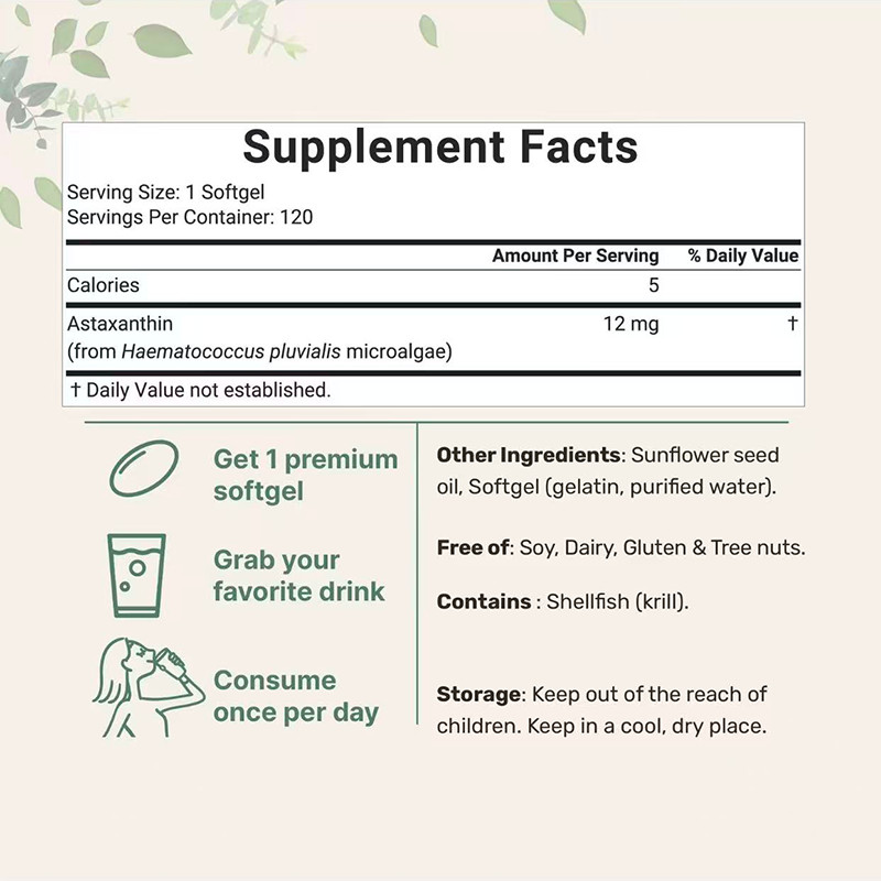 Micro Ingredients Astaxanthin 12mg, 120 softgels, tanning pills, Strength