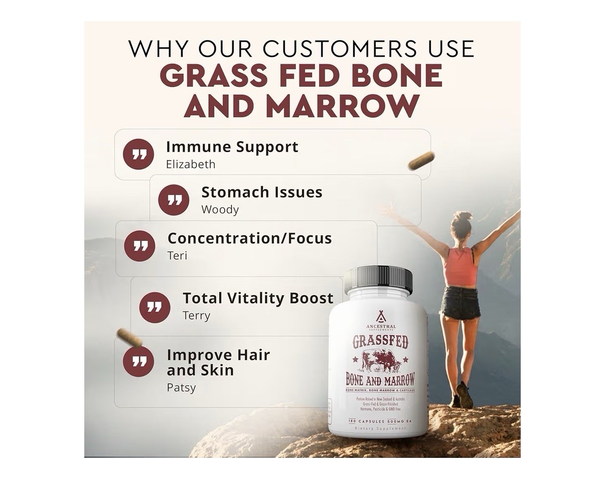 Ancestral Supplements Bone and Marrow Grass Fed Beef Pasture Raised 180 Capsules