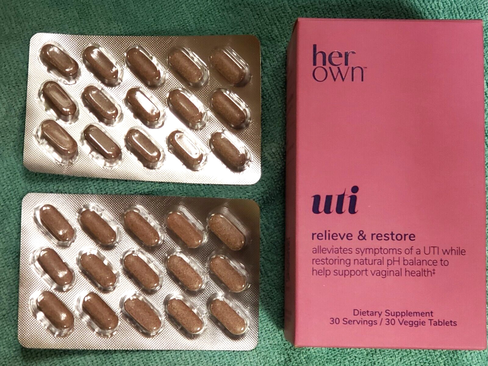 HER OWN – UTI Relieve & Restore – 30 Servings / 30 Veggie Tablets – Exp 11/2026