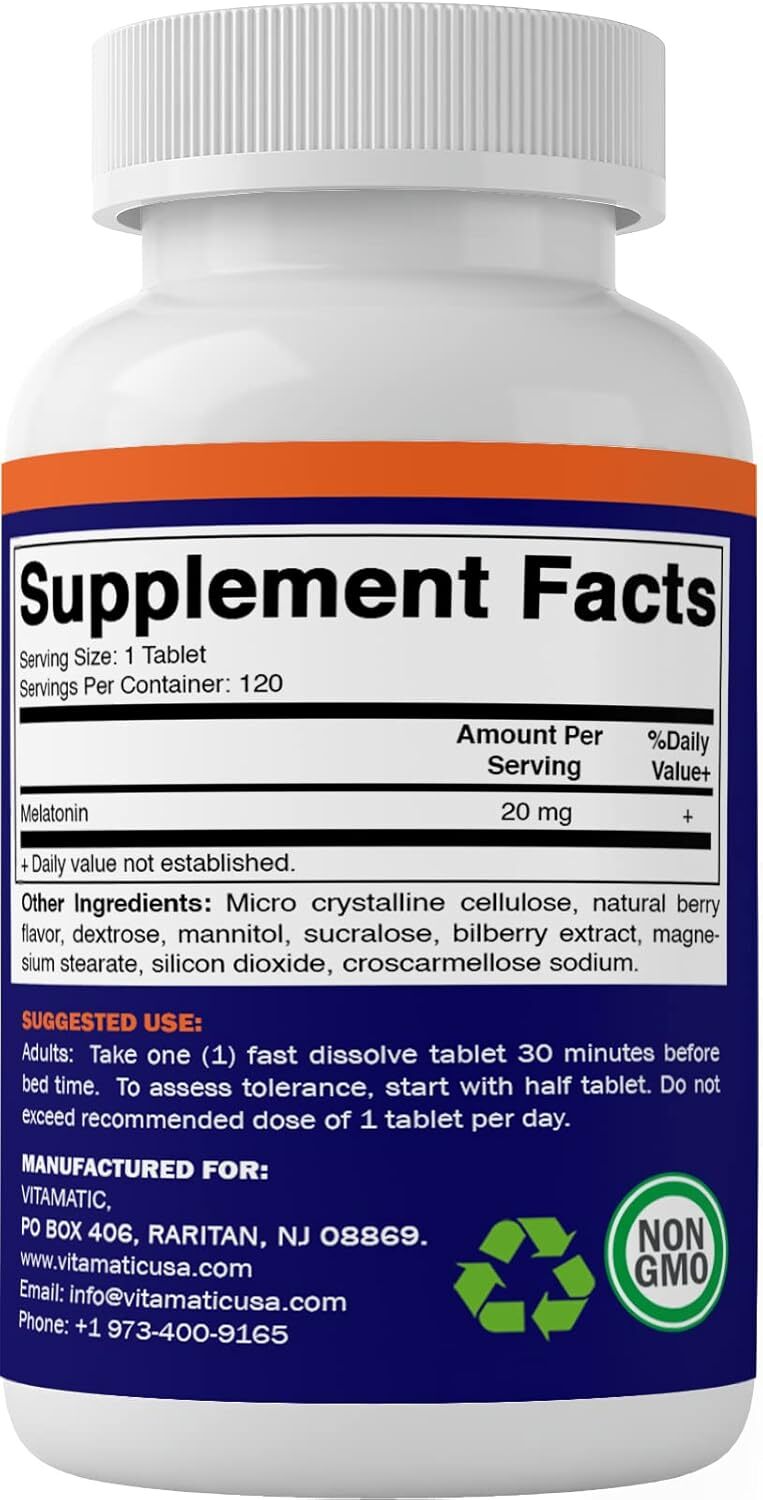 Vitamatic Melatonin 20mg Tablets | Vegetarian, Non-GMO, 120 Count (Pack of 1)