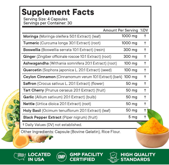 Superfood MD Moringa Supplement Turmeric Ginger Boswellia Saffron Basil 120 Caps