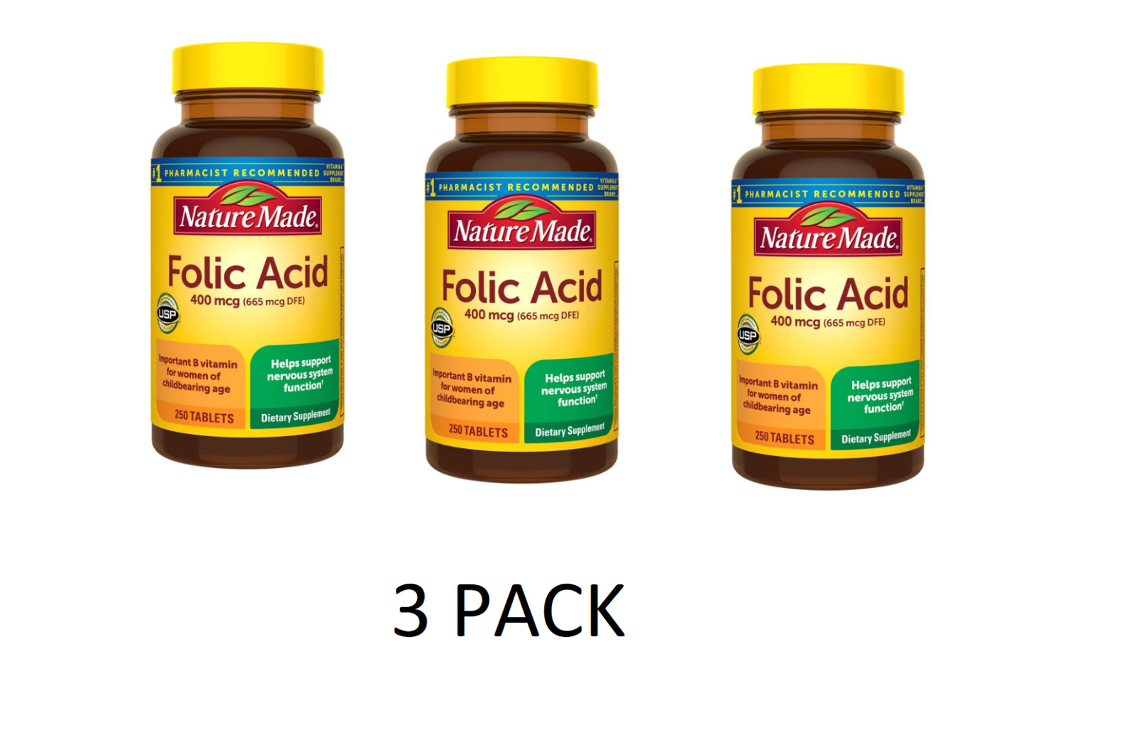 3 PACK Nature Made Folic Acid 400 Mcg (665 Mcg DFE) Tablets, 250 Count