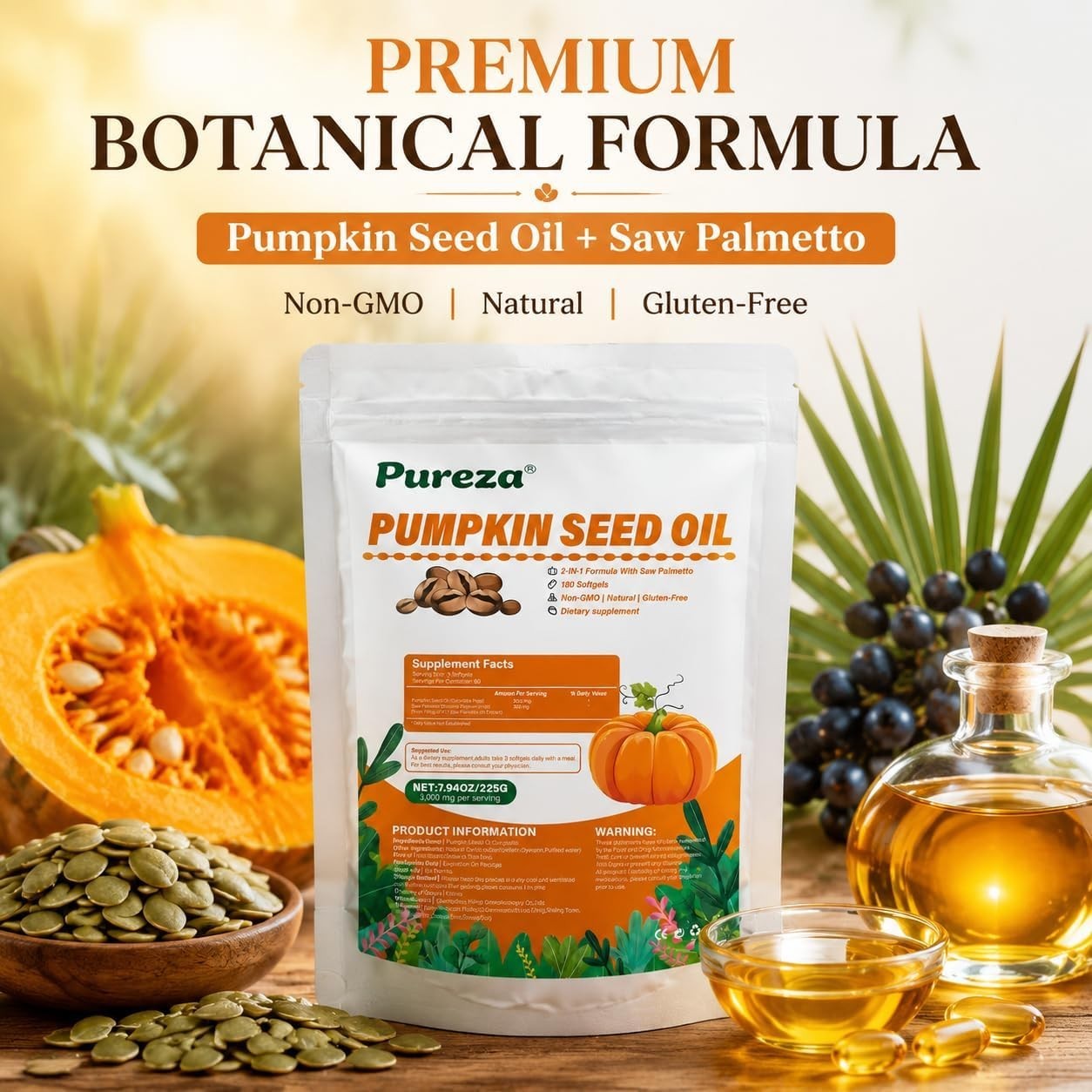 2-in-1 Pumpkin Seed Oil 3000mg with Saw Palmetto Softgels Hair Support 60ct