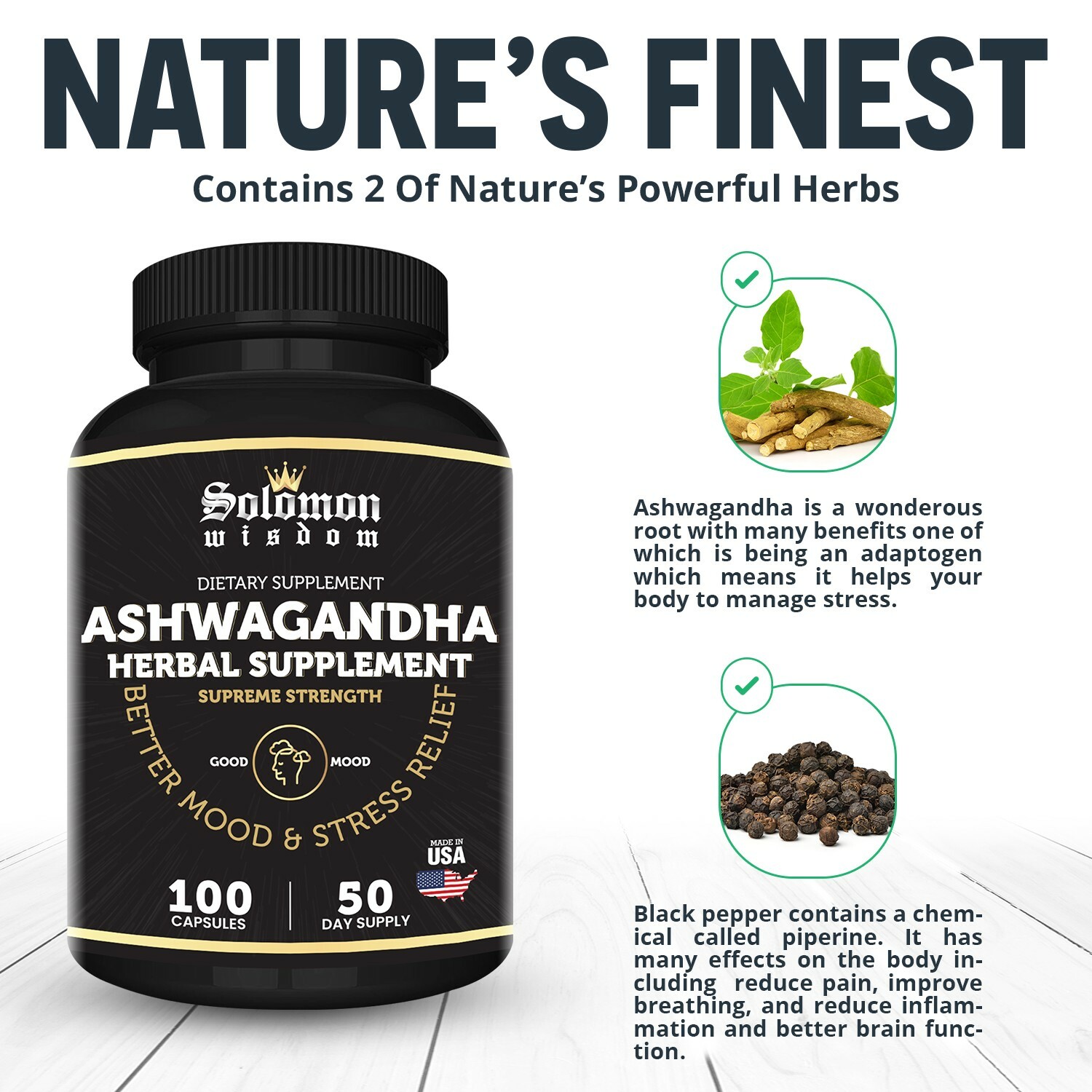 Organic Ashwagandha Root Powder with Black Pepper Extract – 100 Veggie Capsules