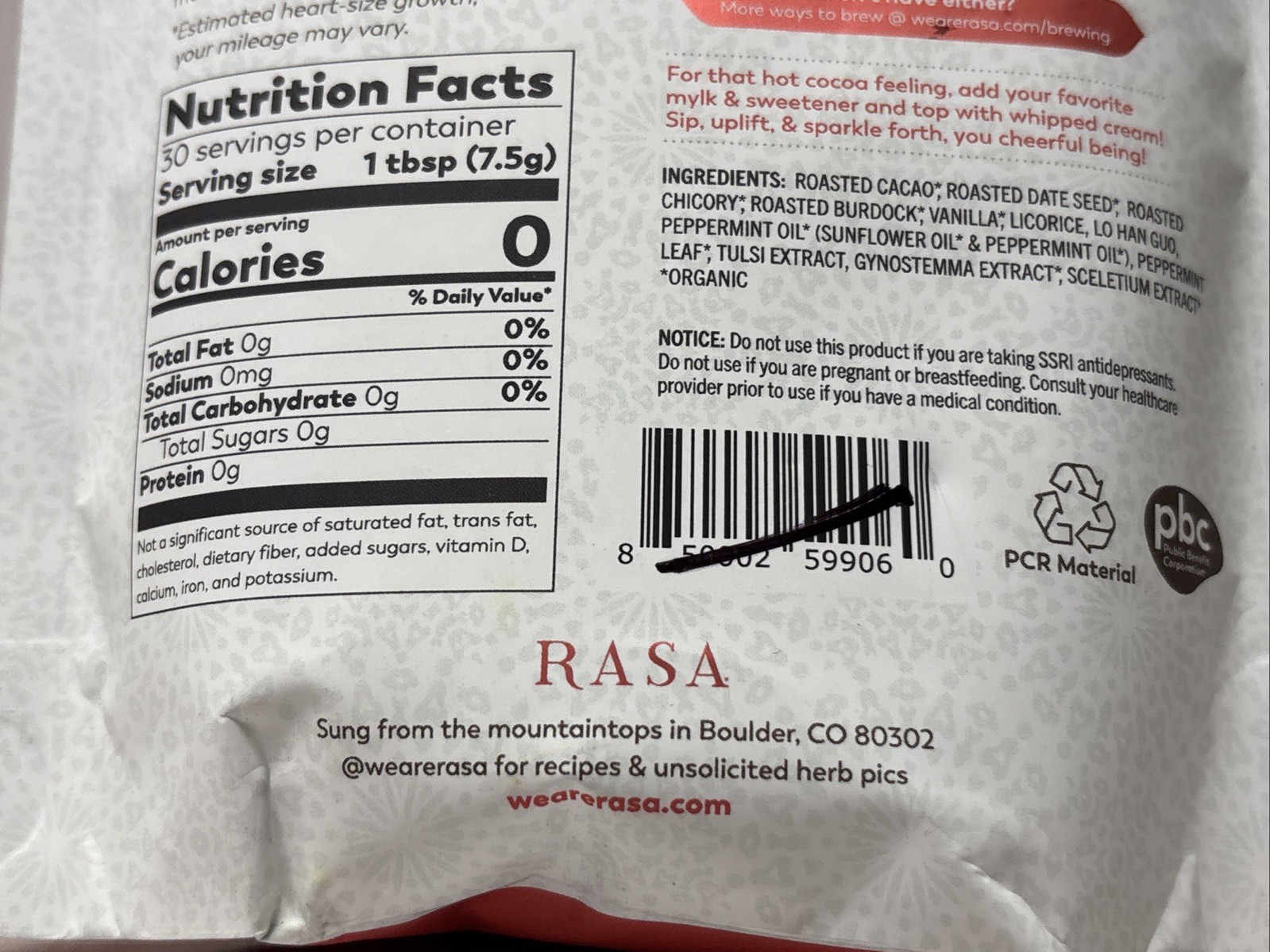 Rasa Limited Edition Peppermint Cacao Adaptogenic Cheer Tonic 8oz 226g 10/2026