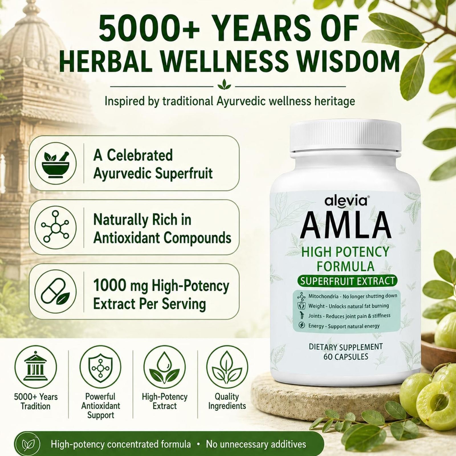 Alevia Organic Amla Capsules 1000mg Indian Gooseberry Antioxidant Supple 60c