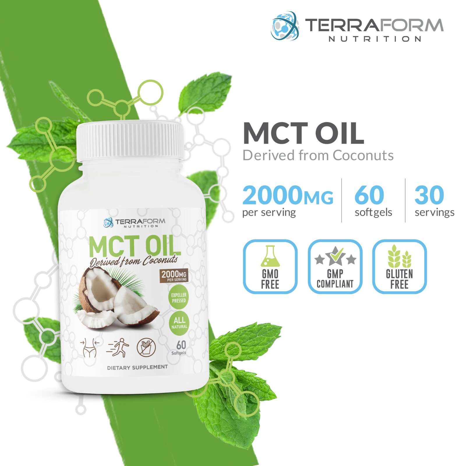 MCT Oil Capsules – Derived from Coconuts – 2000mg/30 Serv.