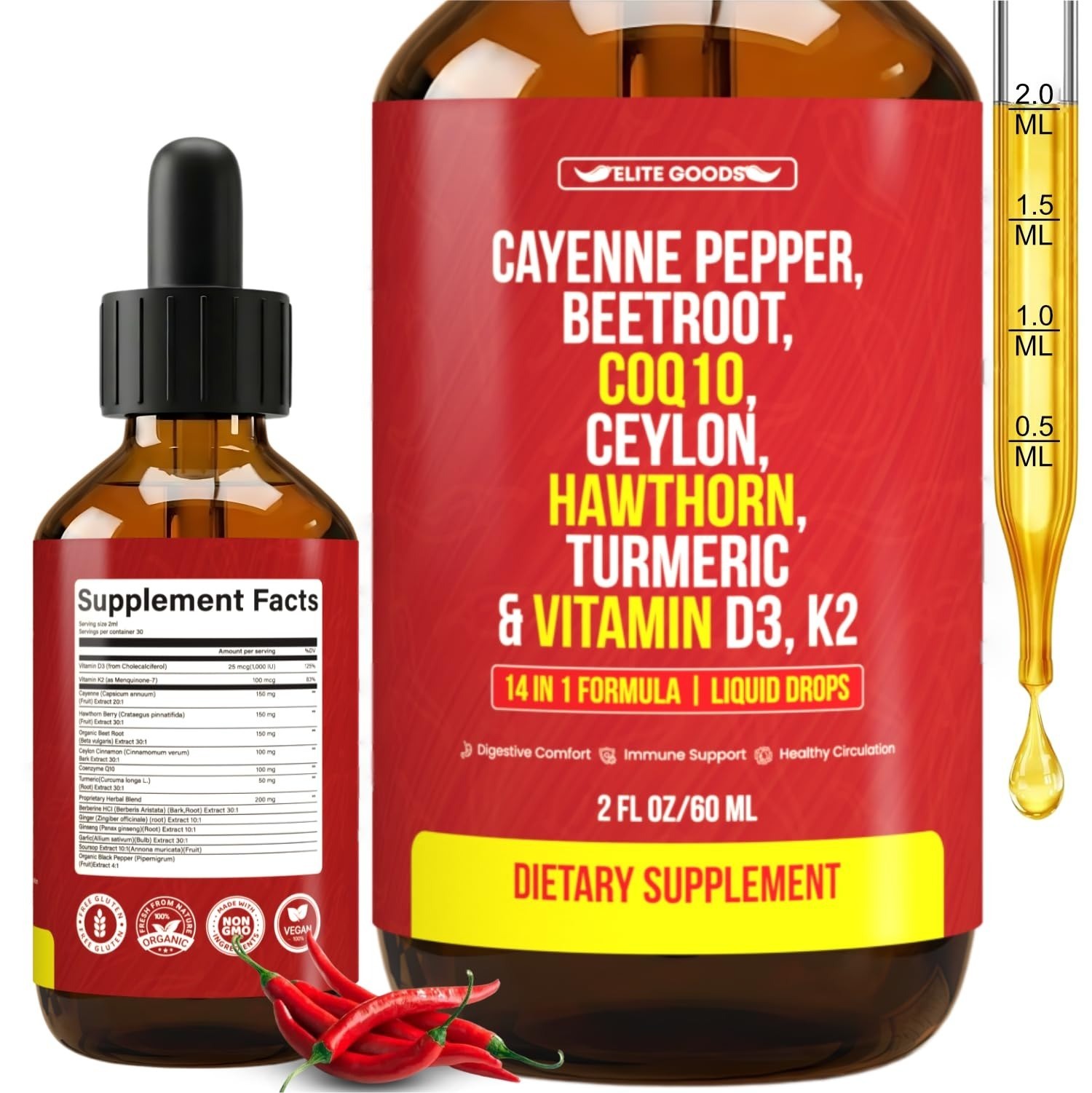 Cayenne Pepper Drops – Organic Supplement with CoQ10, Vitamins D3 & K2