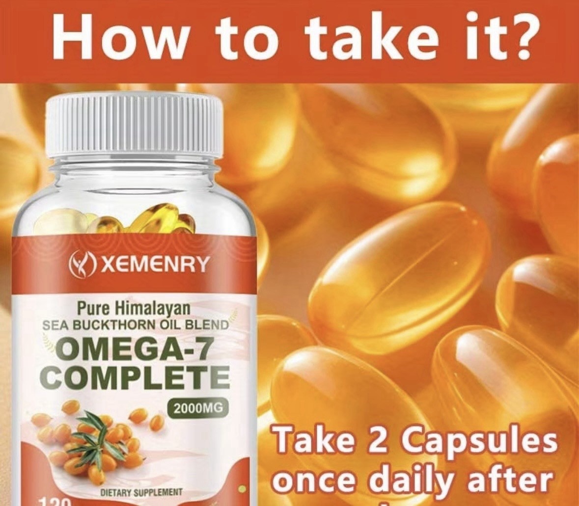 XEMENRY Omega-7 Sea Buckthorn Oil Blend 2000mg 120 Capsules Skin Support