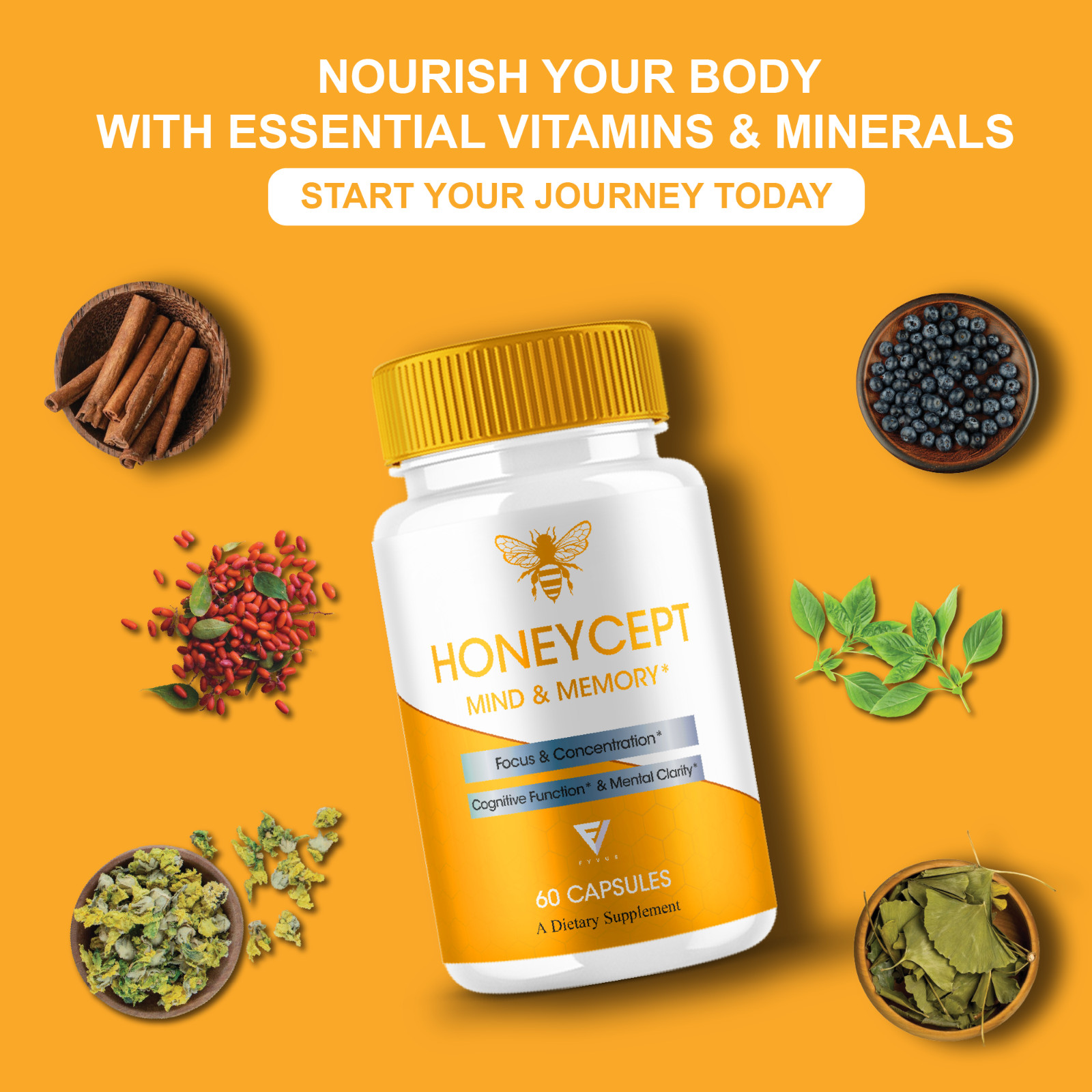 HoneyCept Mind and Memory Supplement, Honey Cept Pills (60 Capsules)