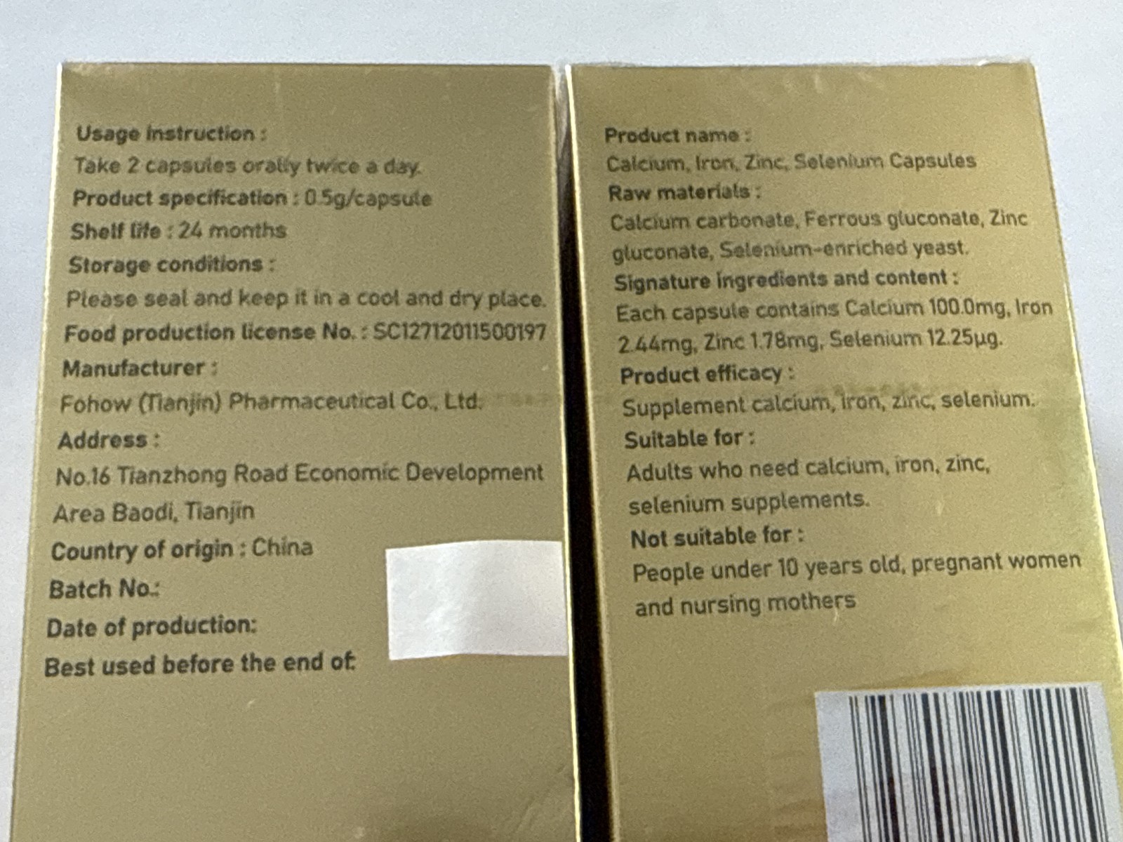 Foherb Calcium Iron Zinc Selenium Mineral Complex 60 Capsules China Supplement