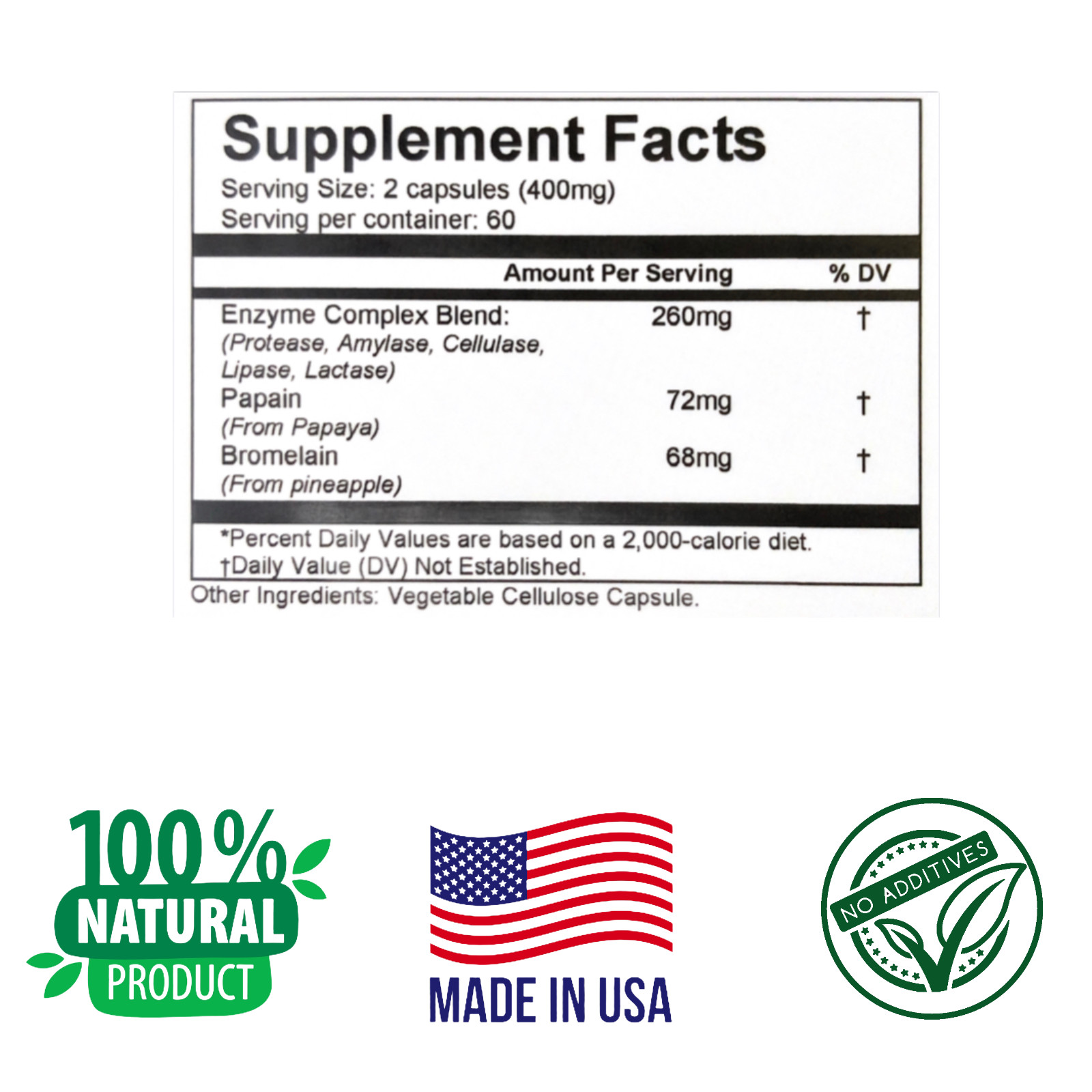 DIGESTIVE ENZYMES COMPLEX formula Lipase, Amylase, Protease, Bromelian, 120 Caps