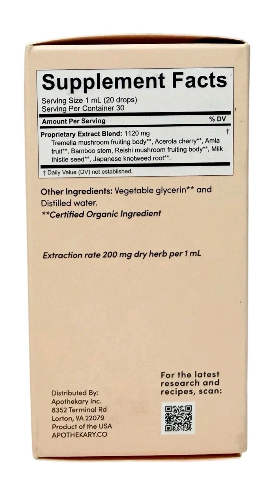 Apothekary The Honest Youth Skin Support Tincture 1.22oz 30 Serv Exp 60/2026