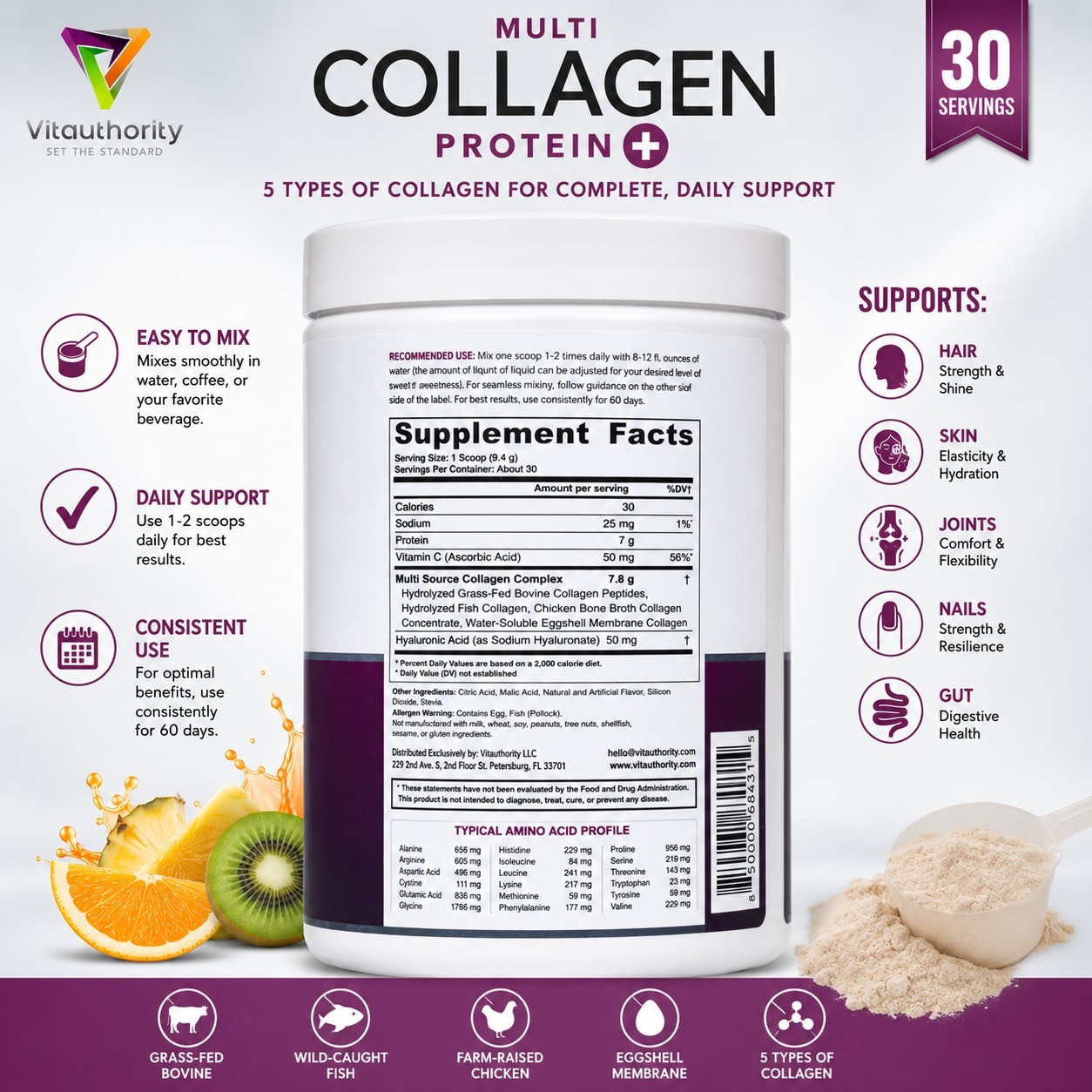 Vitauthority Multi Collagen Protein+ w/ Hyaluronic Acid & Vitamin C, Tropical