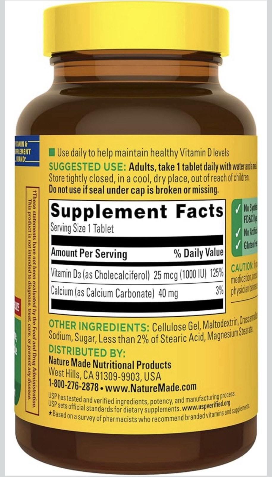 Nature Made Vitamin D3 1000 IU (25 mcg) 300 Tablets Gluten Free Unflavored