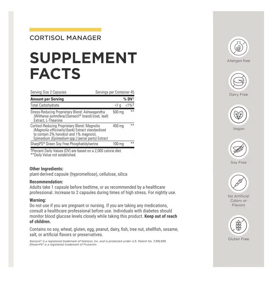 Integrative Therapeutics Cortisol Manager Allergen Free Adrenal Health 90capsule