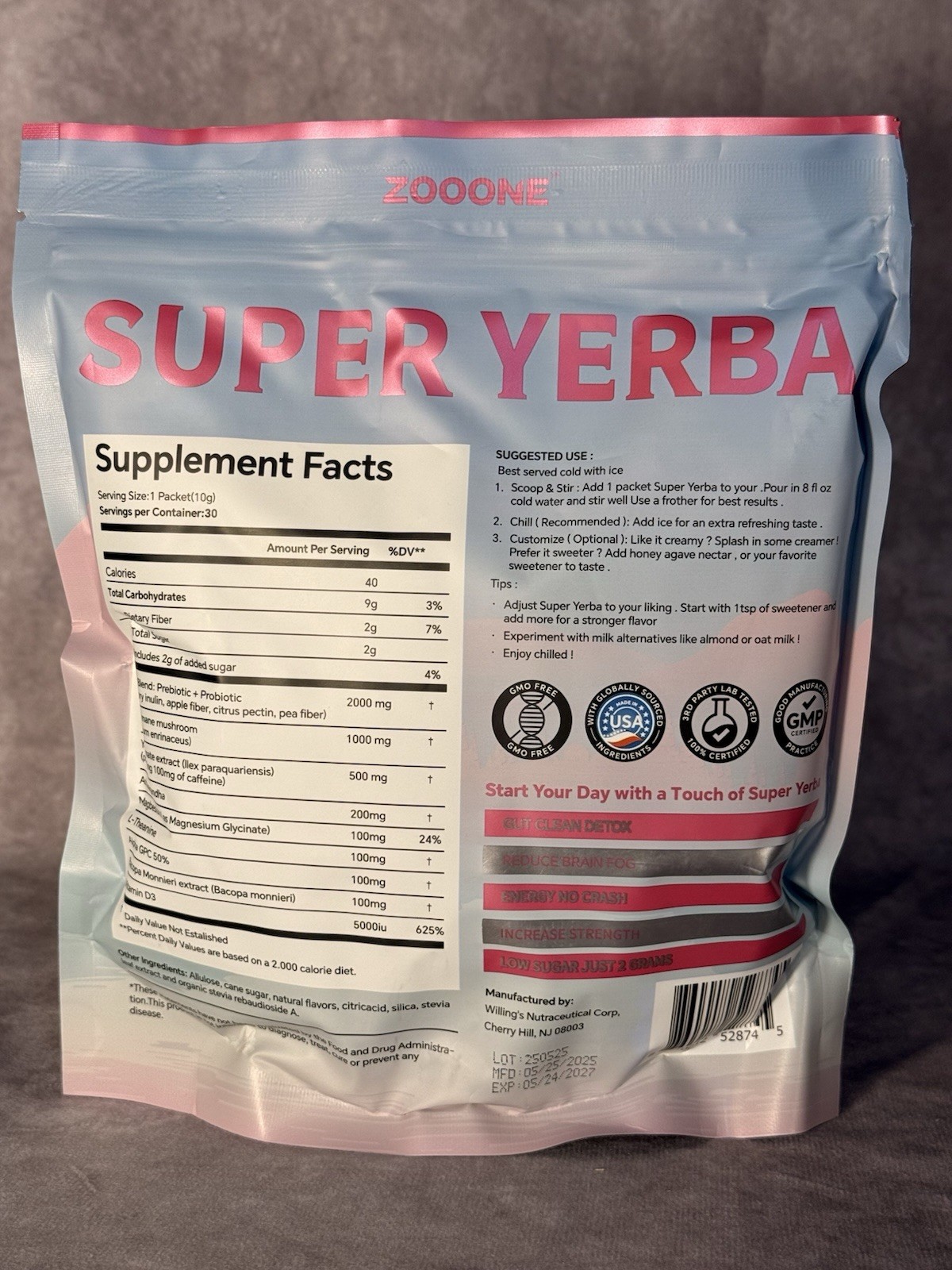 Zooone Yerba Mate Powder Ashwagana Magnesium Raspberry Lemonade 30 Servings