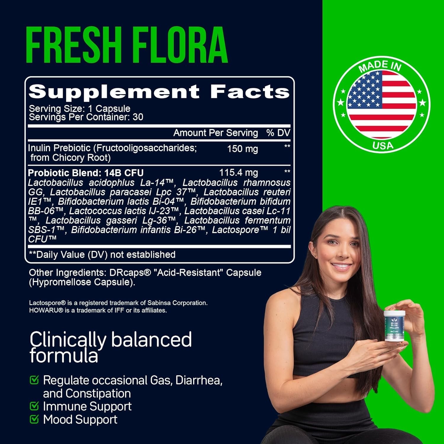 Fresh Flora Probiotics & Prebiotics For Women Men 15 Billion CFU (30 Caps)