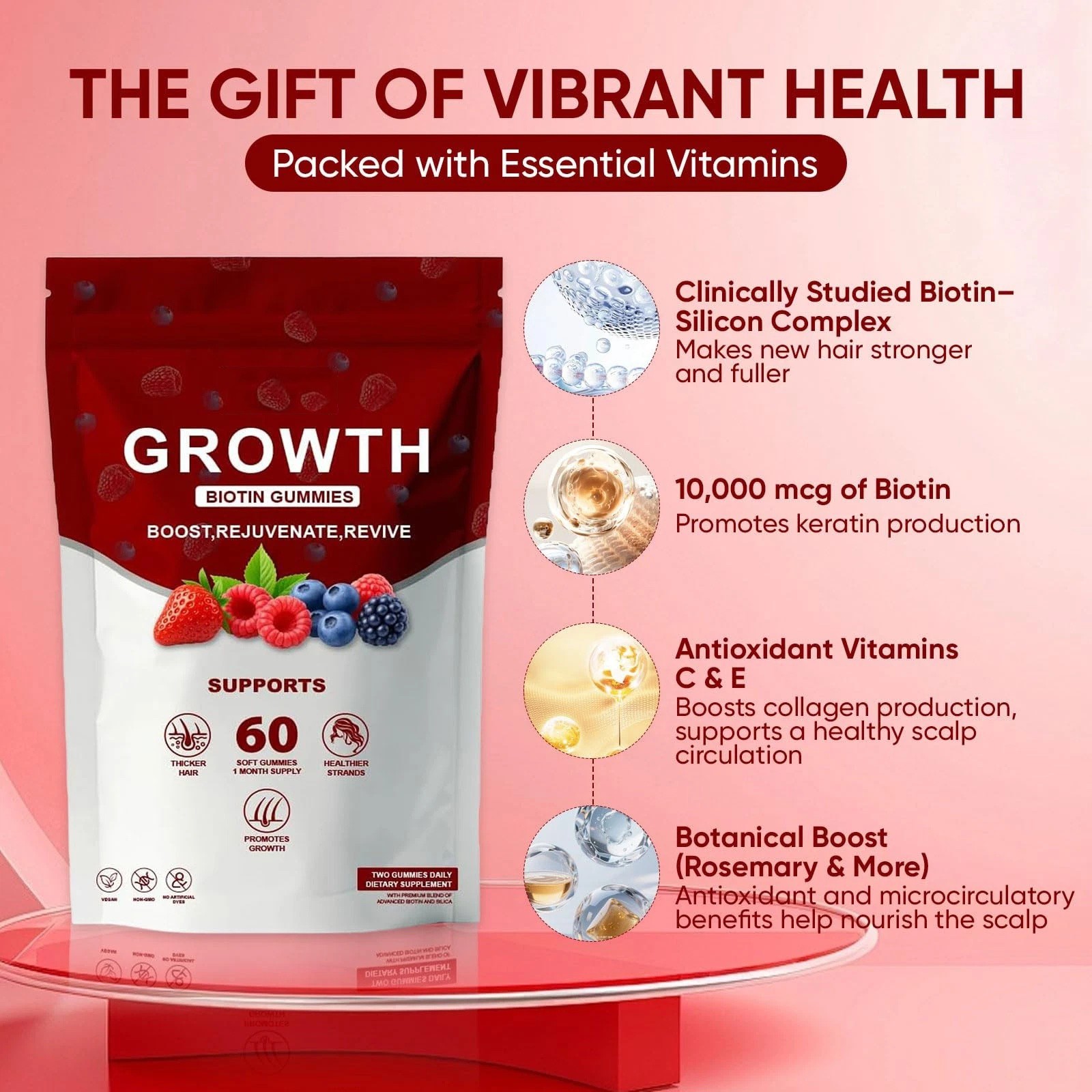 Hair Growth Gummies – Biotin Vitamins Plant Extracts, Supports Health