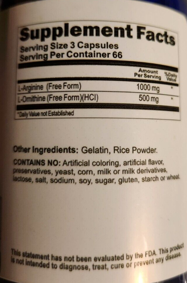 L-Arginine and L-Ornithine 1000mg/500mg 3X200 Caps by Vitamins Because