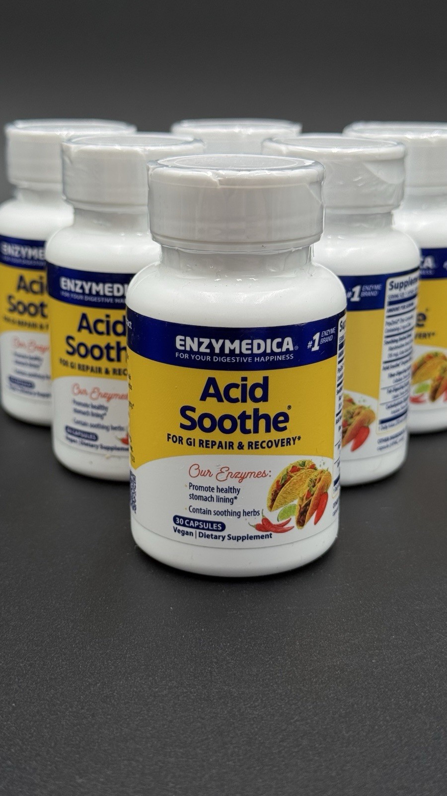 (6) Enzymedica – Acid Soothe Digestive Happiness 30 Capsules – EXP 05/2026 New