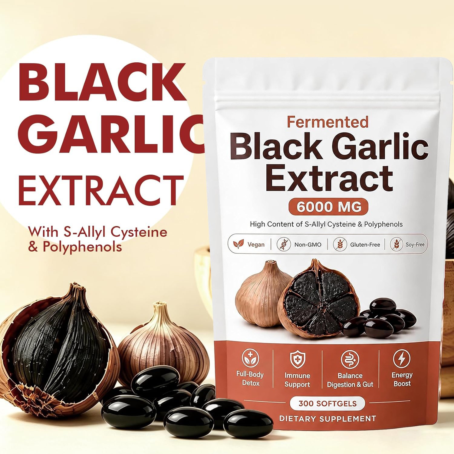 Black Garlic Extract Softgels 300ct, Odorless Vegan Non-GMO Supplement