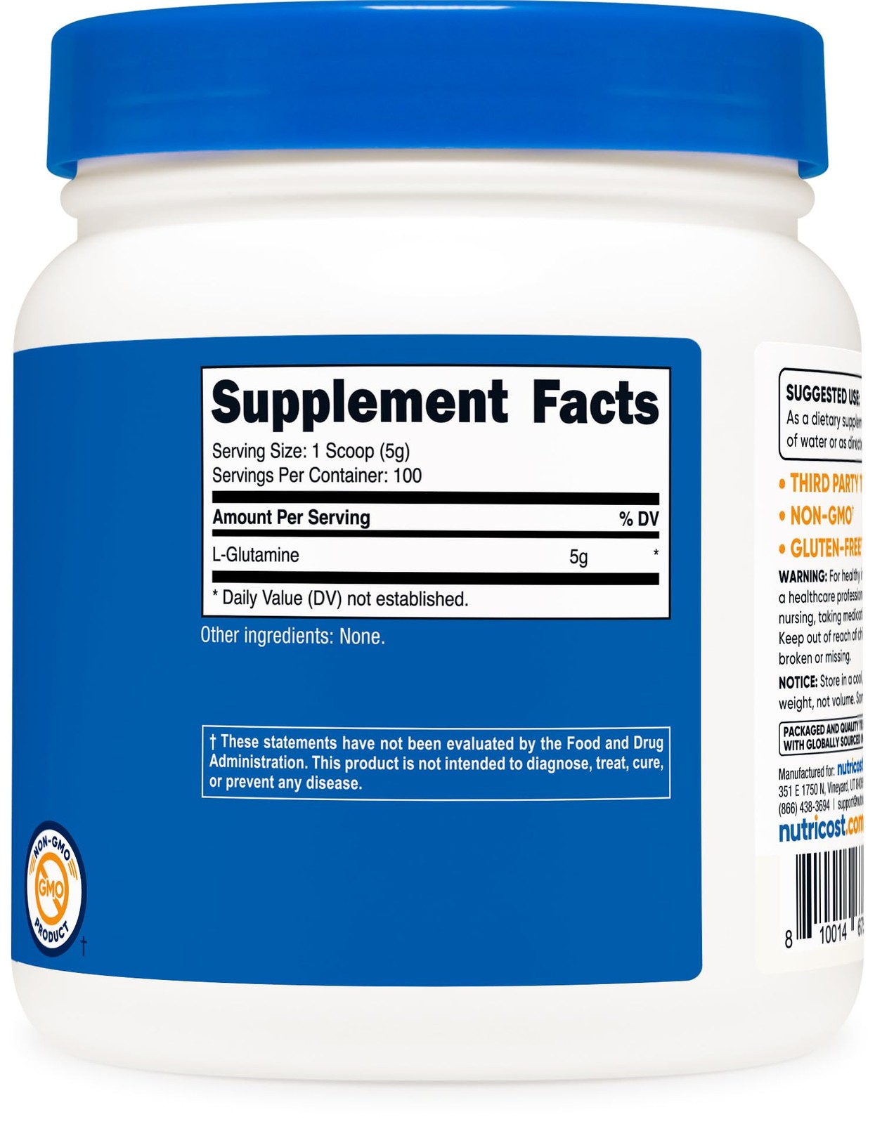 Nutricost L-Glutamine Powder (500 Grams) 1.1 Pound (Pack of 1), White