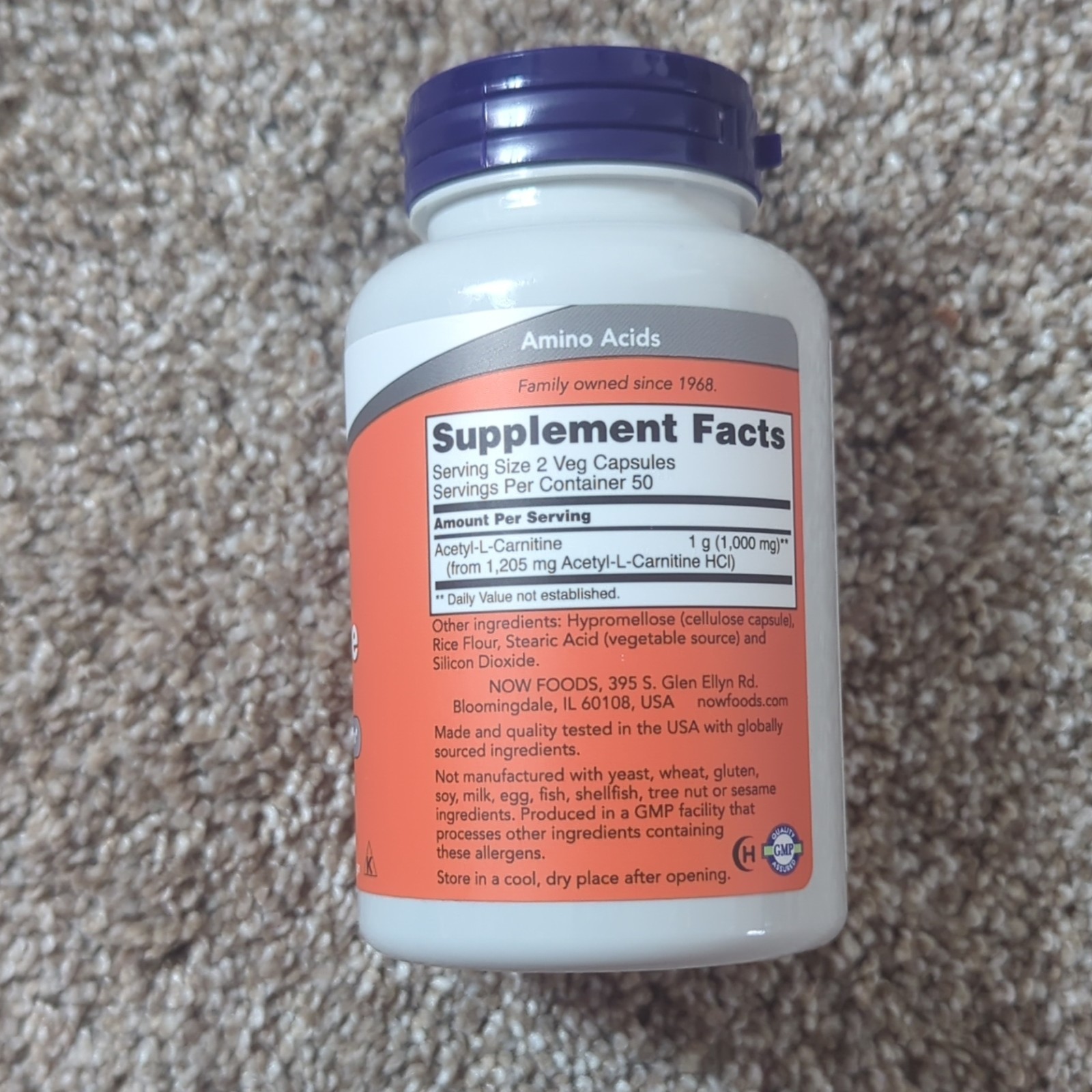 NOW Foods Acetyl-L-Carnitine 500mg Non-GMO Vegetarian Vegan 100 Veg Capsules