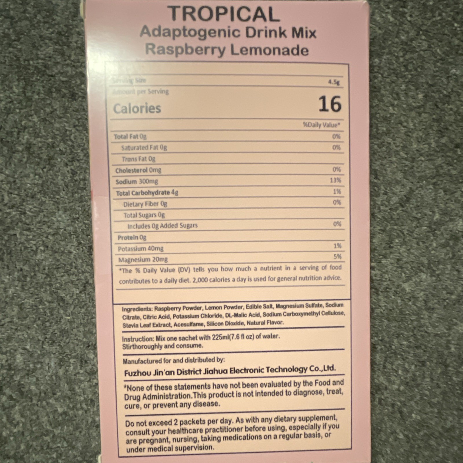 Tropical Deep Calm Electrolyte Drink Mix Raspberry Lemonade Sugar Free 20ct