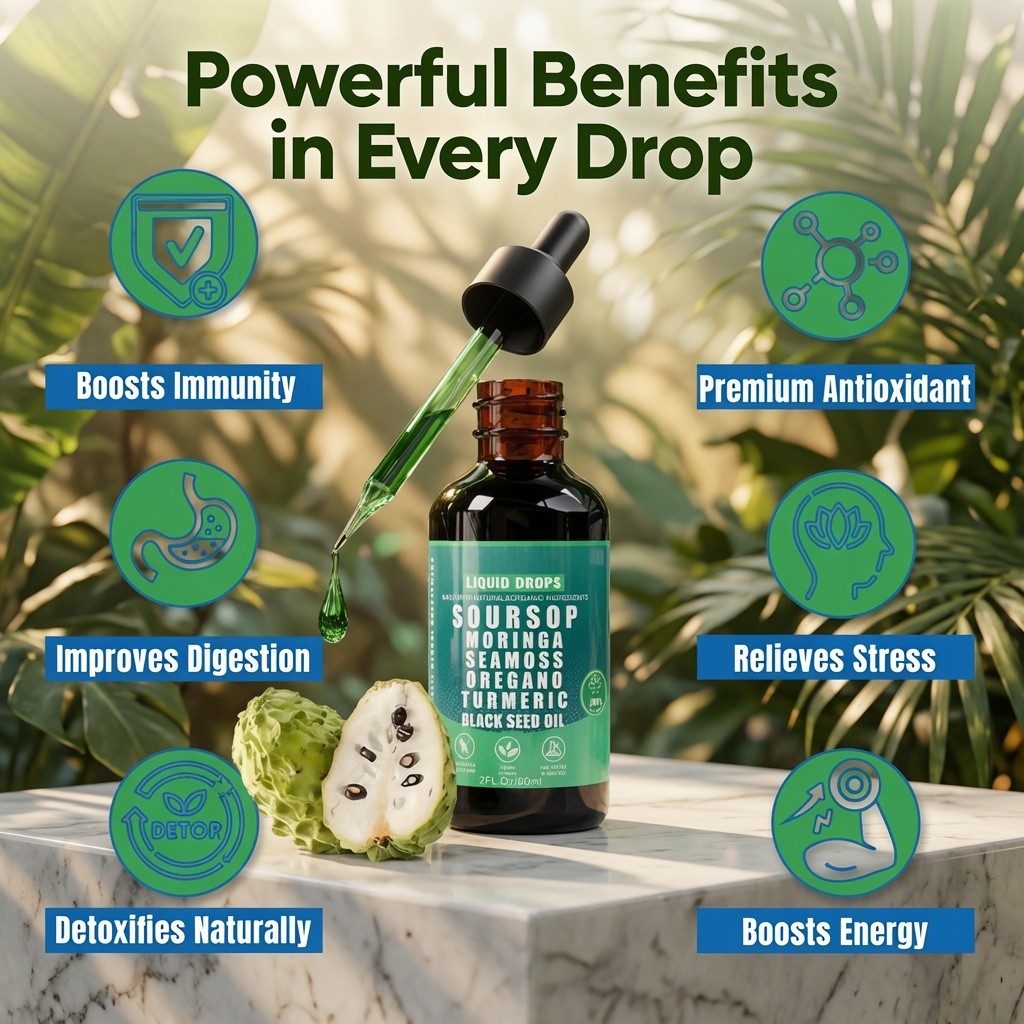 Loman Soursop Liquid Drops Seamoss Moringa Black Seed Oil 2 fl oz 60ml