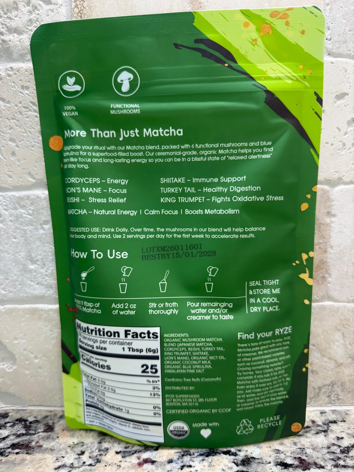 Ryze Organic Mushroom Matcha 1 Pack – 30 Servings Sealed Exp 2028