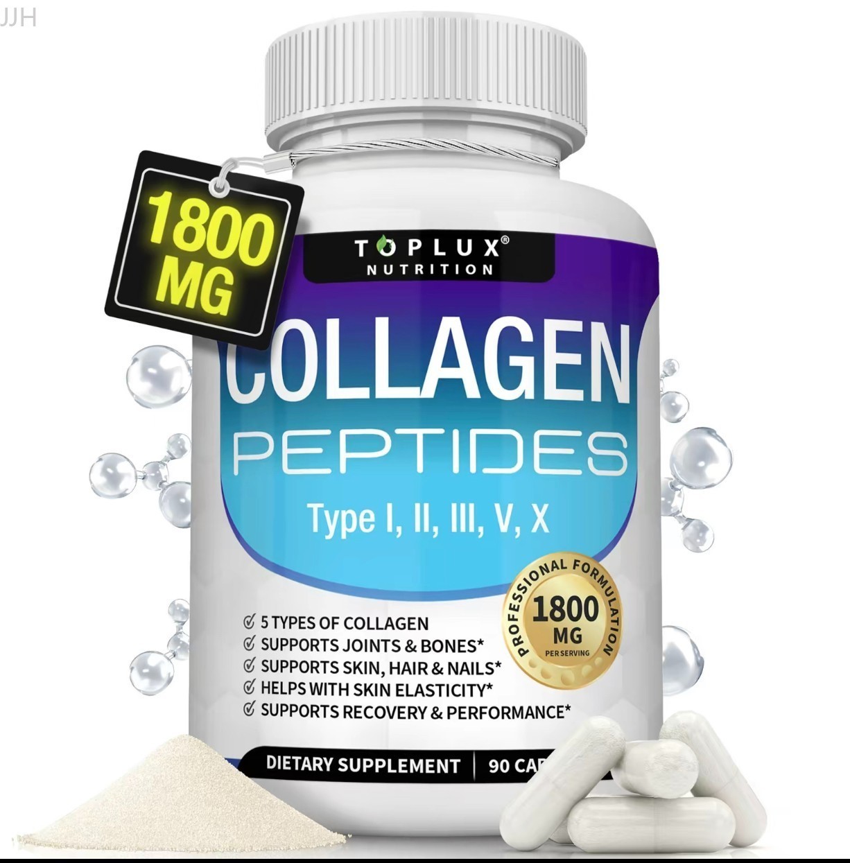 1*Toplux 1800mg 5-Types Collagen Peptides Complex Dietary Skin Health Supplement